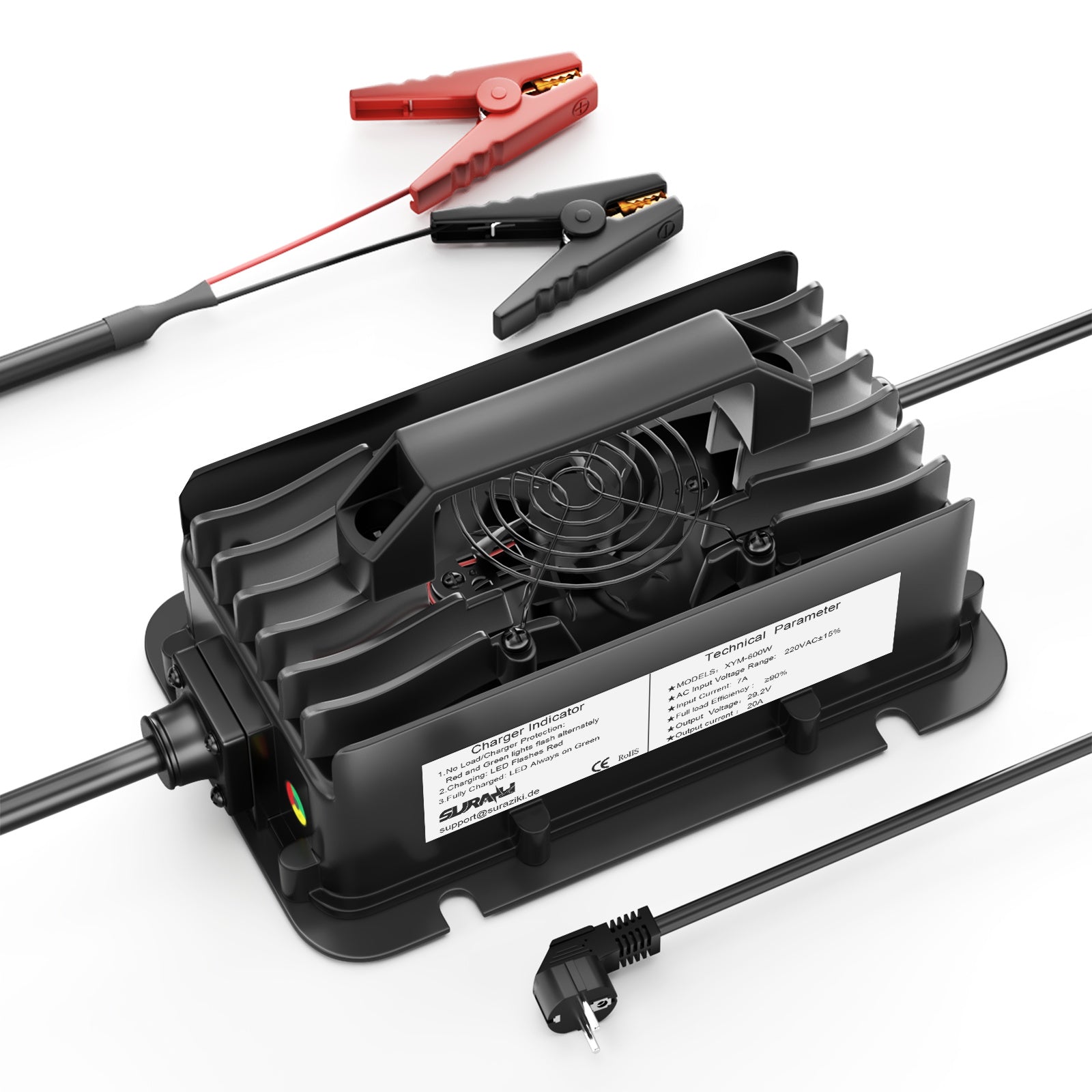 Carregador de bateria Suraziki 24V LiFePO4, carregador de lítio à prova de água de 29,2V 20A com ativação BMS de 0V
