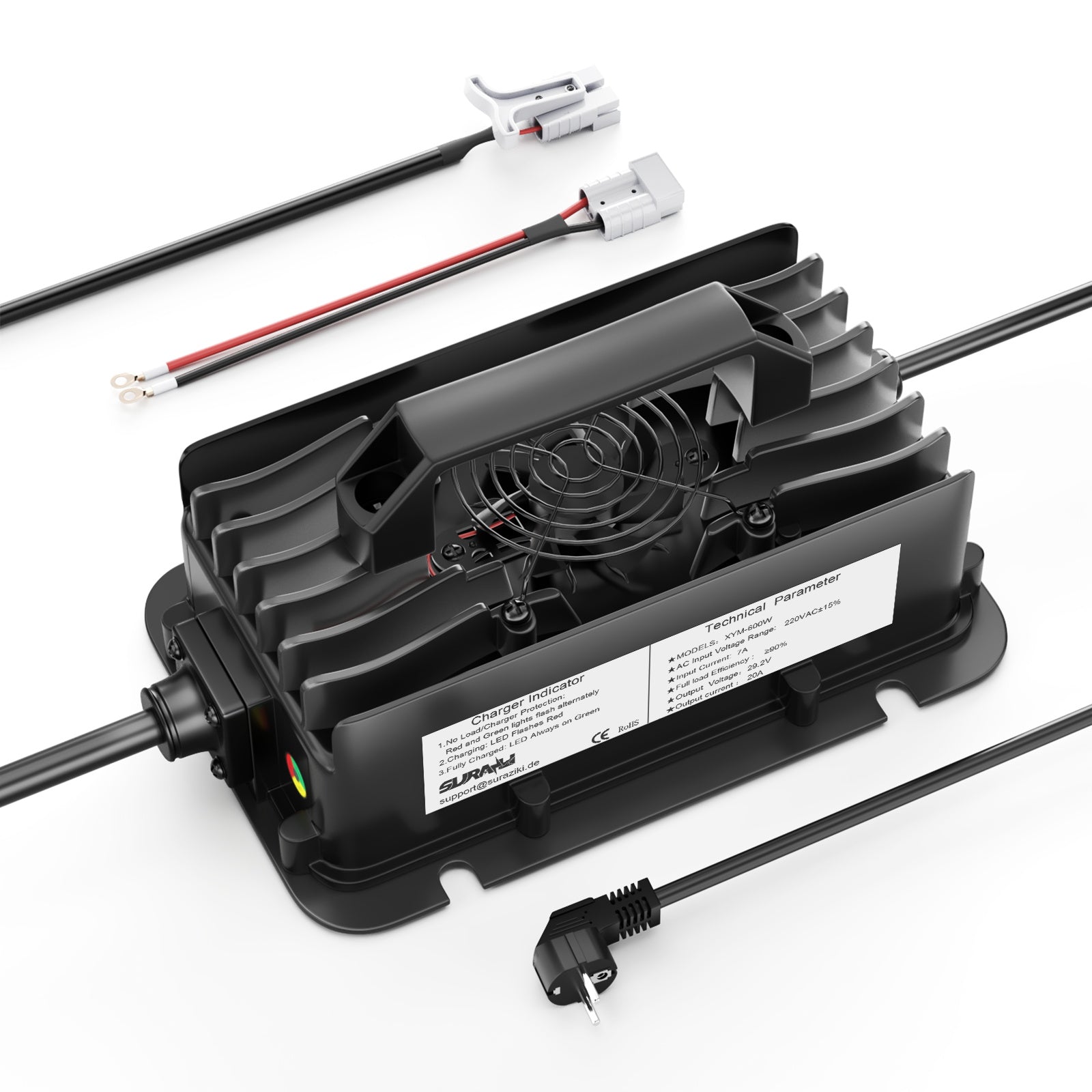 Carregador de bateria Suraziki 24V LiFePO4, carregador de lítio à prova de água de 29,2V 20A com ativação BMS de 0V
