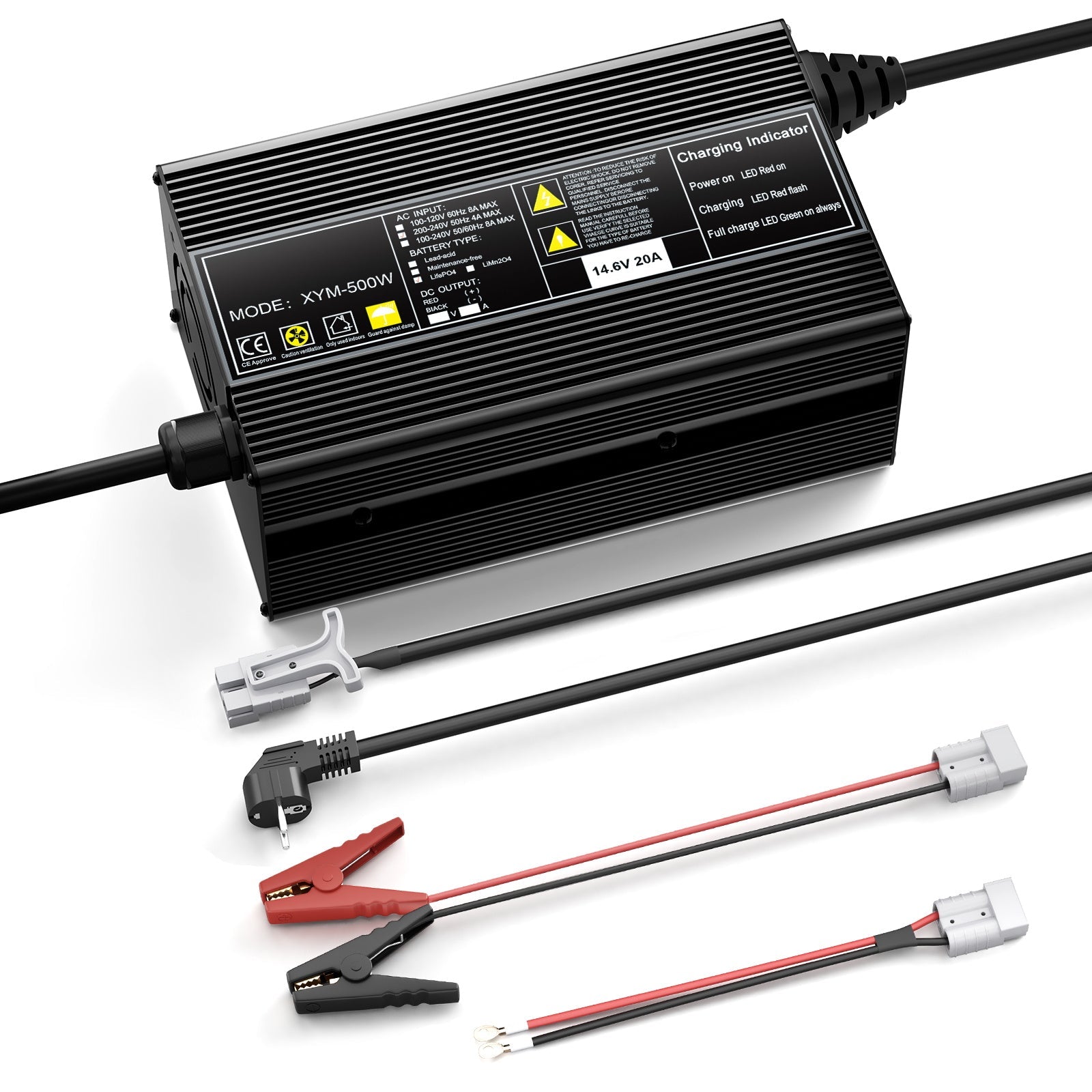 Carregador de bateria LiFePO4 12V 20A, tensão de carga 14,6V, ativação BMS 0V, com conector de carregamento rápido Anderson 50A