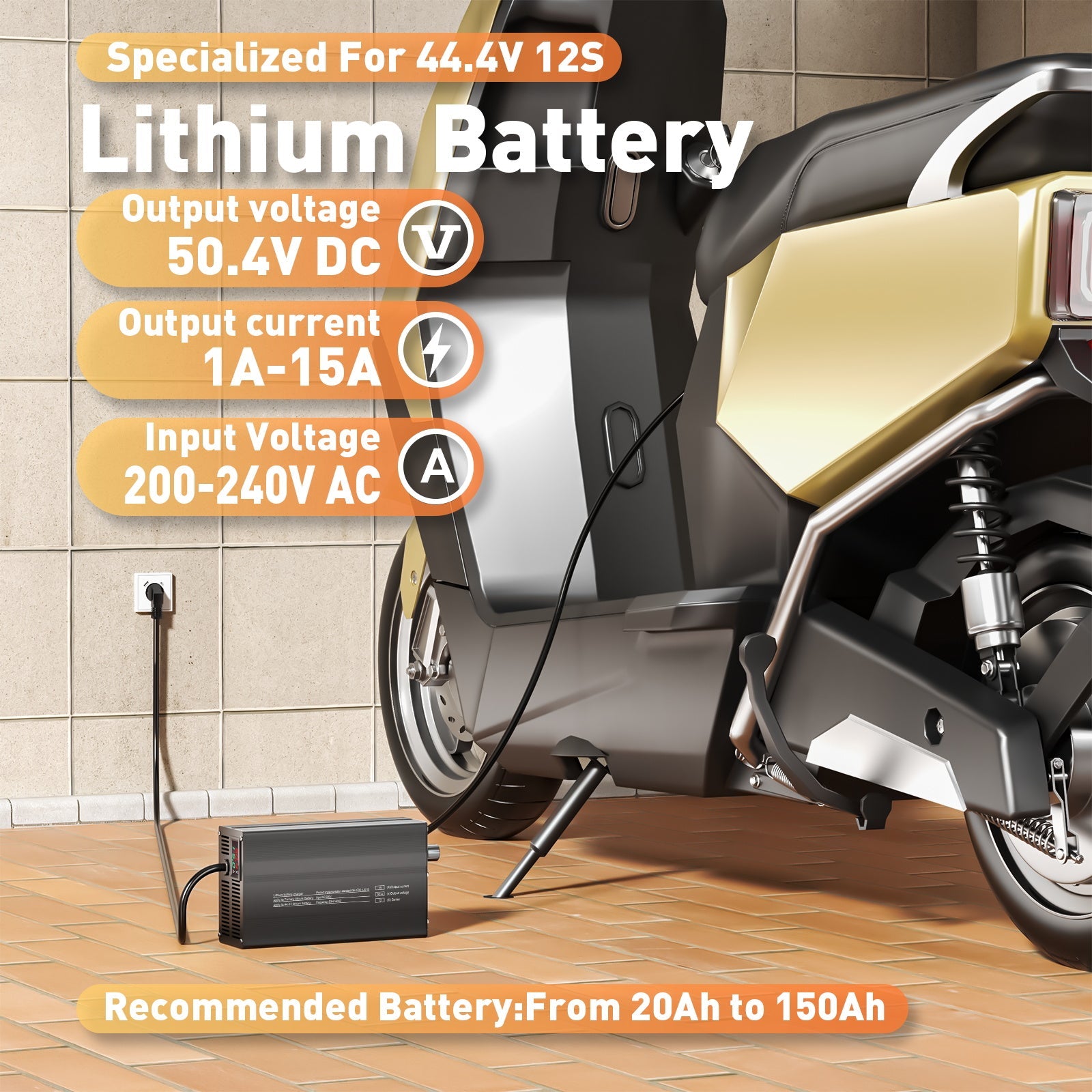 Carregador de bateria de lítio ajustável Suraziki 50,4 V 1-15 A para 12S Baterias de iões de lítio/lítio ternárias/polímero de 44,4 V, carregador de baterias para scooter elétrica