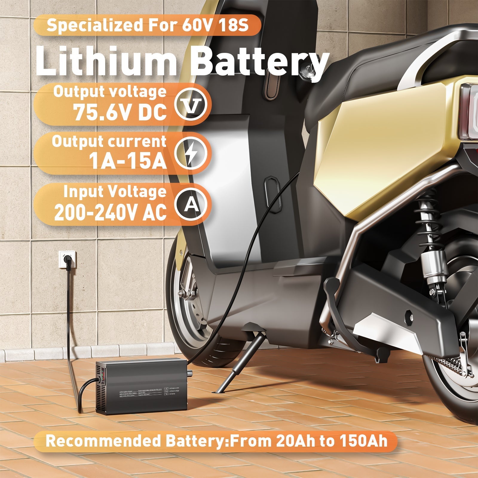 Carregador de bateria de lítio ajustável Suraziki 75,6 V 1-15 A para 18S Baterias de iões de lítio/lítio ternárias/polímero de 66,6 V, carregador de bateria para scooter elétrica
