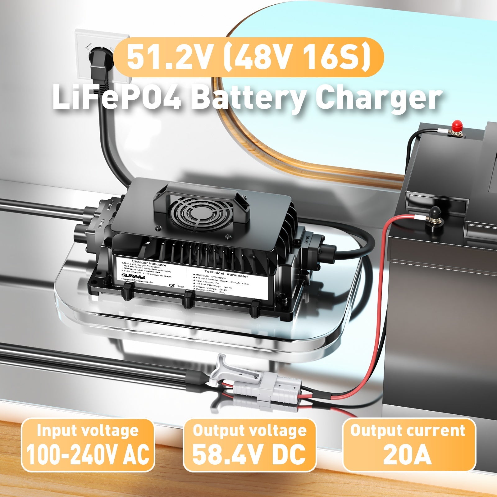 Suraziki 51,2 V (48 V 16S) LiFePO4-Batterieladegerät, 58,4 V 20 A wasserdichtes Lithium-Ladegerät, 0 V BMS-Aktivierung, für Golfwagen, Trolling-Motor