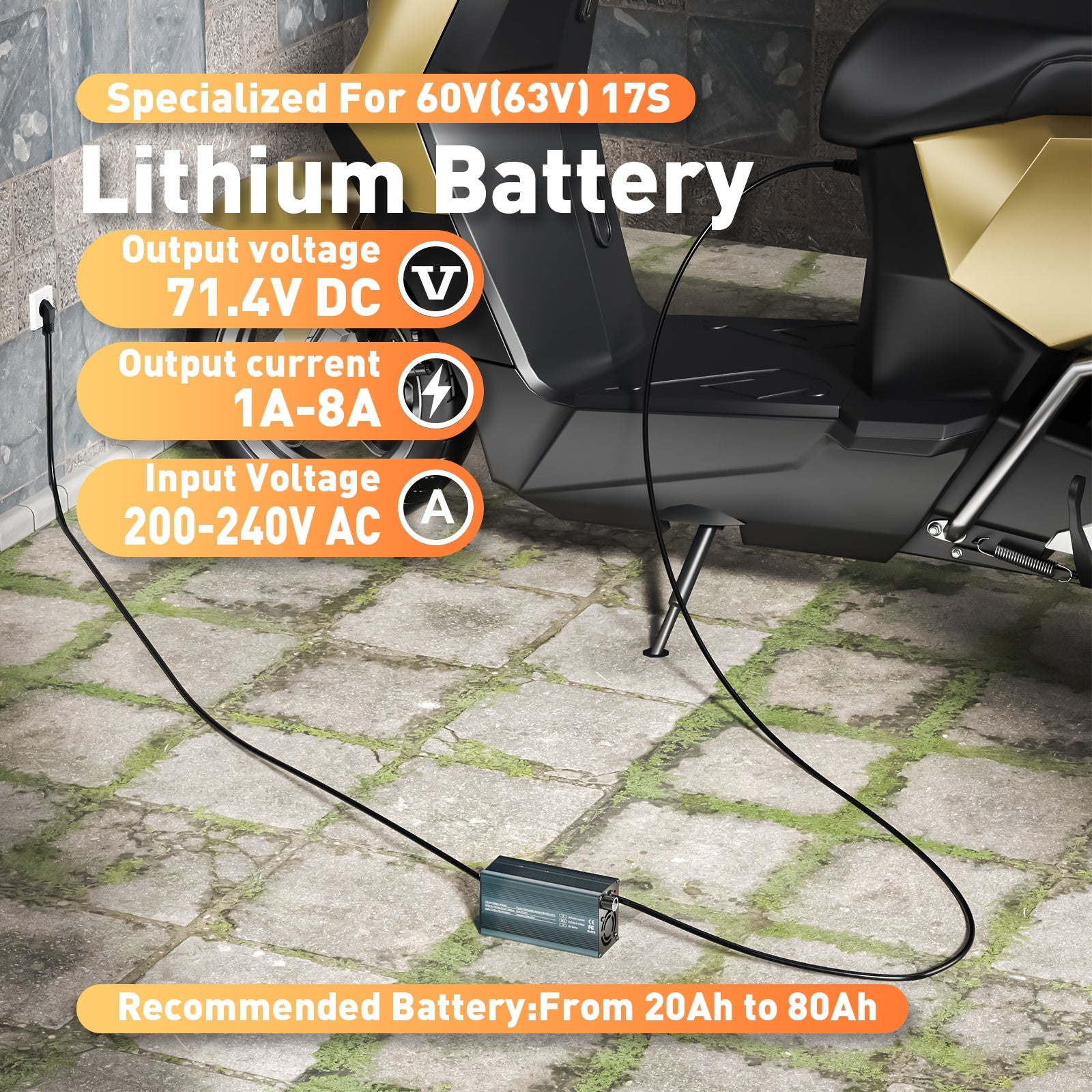 Carregador de bateria de lítio ajustável Suraziki 71,4 V 1-8 A para 17S Bateria de iões de lítio 62,9 V / bateria ternária de lítio / polímero, carregador de bateria para moto elétrica Ebike Scooter