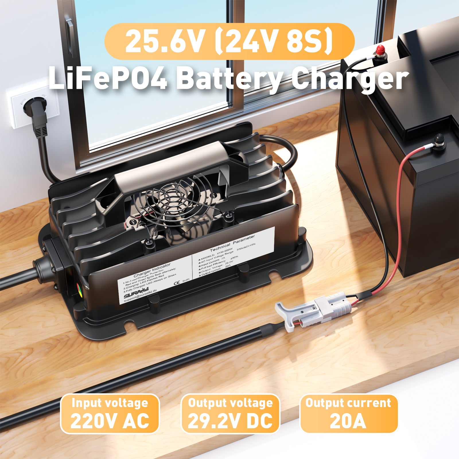 Carregador de bateria Suraziki 24V LiFePO4, carregador de lítio à prova de água de 29,2V 20A com ativação BMS de 0V