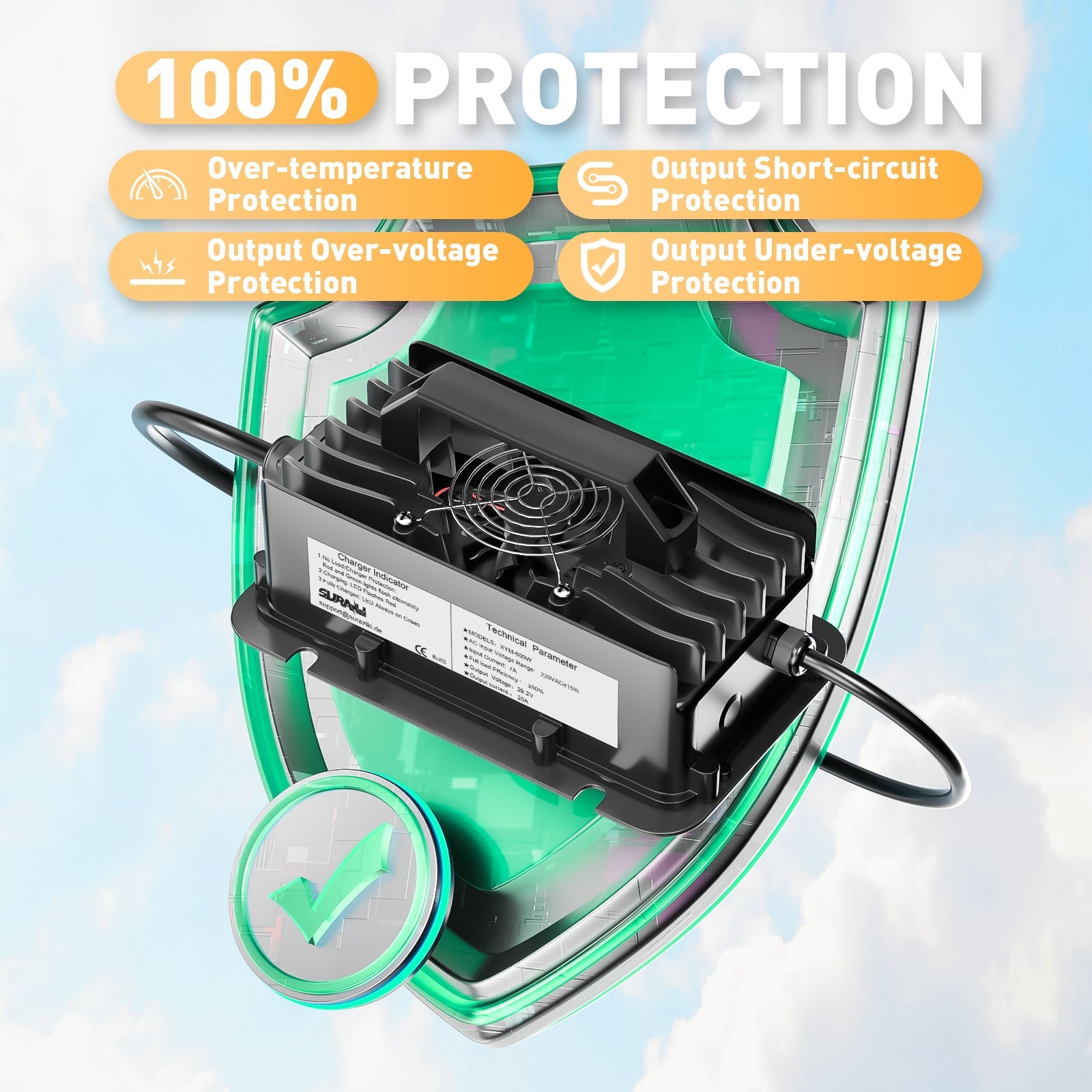 Carregador de bateria Suraziki 24V LiFePO4, carregador de lítio à prova de água de 29,2V 20A com ativação BMS de 0V