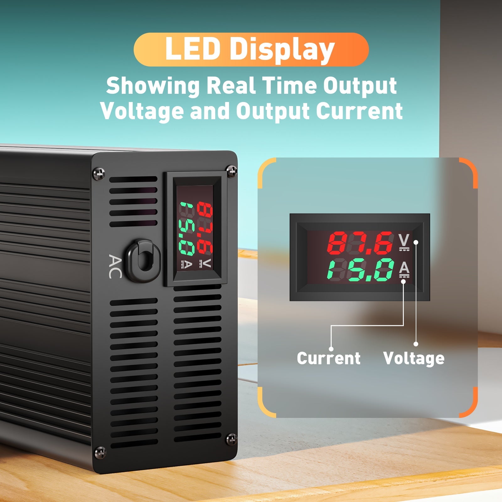 Suraziki 87,6 V 1-15 A Einstellbarer Strom Lithium LiFePO4 Batterieladegerät für 24S 76,8 V (72 V) LiFePO4-Batterie, Kühllüfter, Gehäuse aus Aluminiumlegierung, LCD-Display