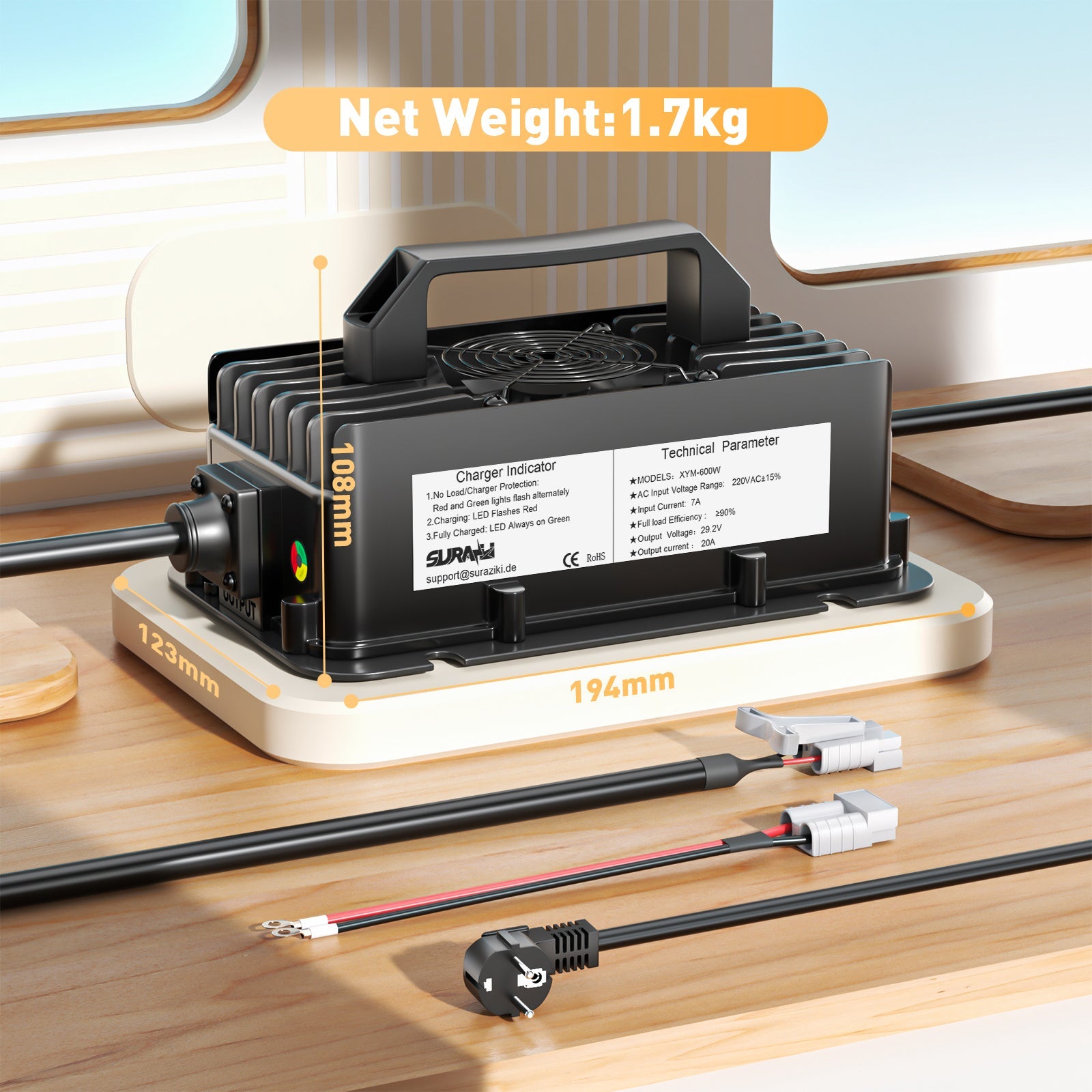 Carregador de bateria Suraziki 24V LiFePO4, carregador de lítio à prova de água de 29,2V 20A com ativação BMS de 0V
