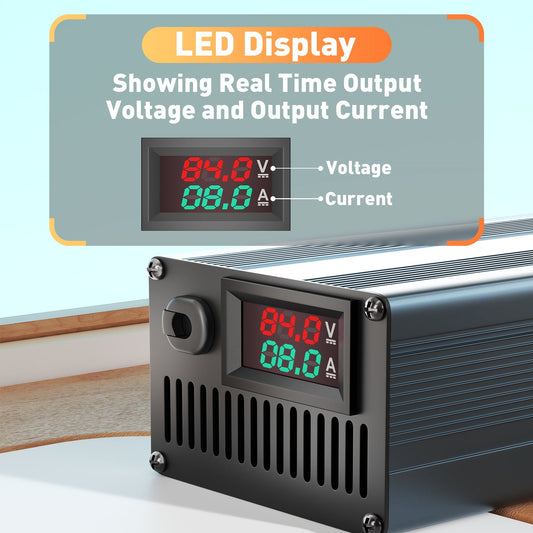 Carregador de bateria de lítio Suraziki 84V 1-8A com corrente ajustável para 20S Bateria de iões de lítio/lítio ternário/polímero de 74V 72V, carregador de bateria para bicicleta elétrica, scooter ou moto elétrica.