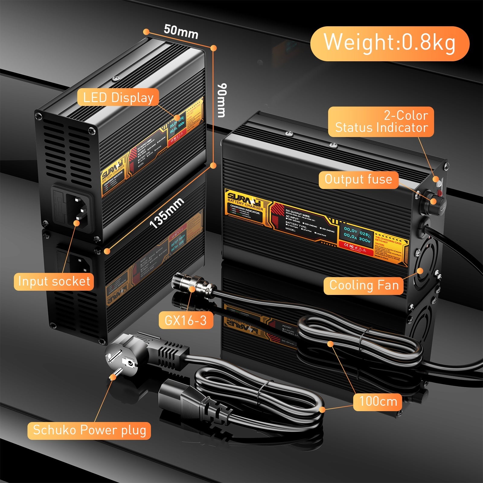 Carregador de bateria Suraziki LiFePO4 43,8 V 5 A para baterias de fosfato de ferro-lítio de 36 V/38,4 V, visor LED, proteção total