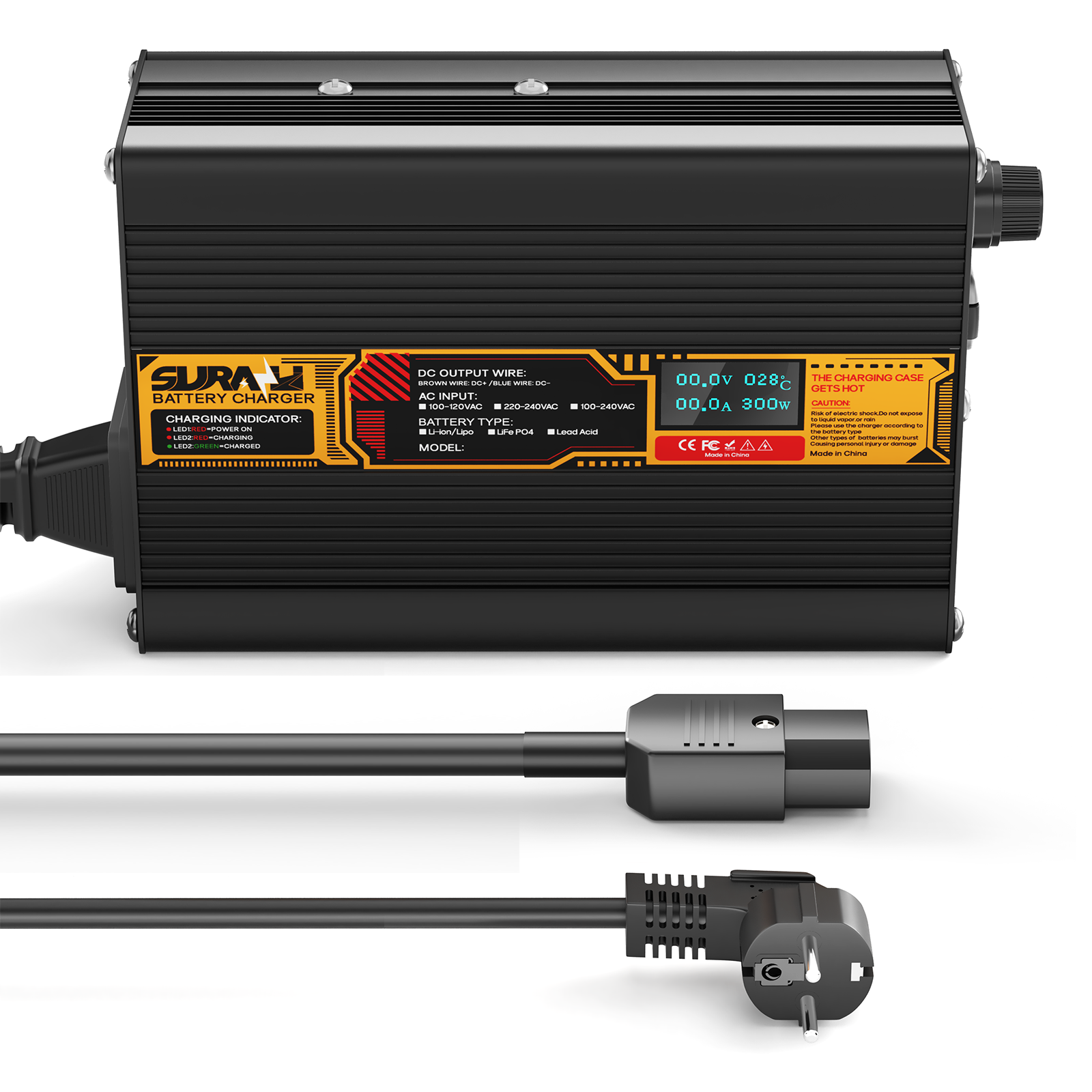 Carregador de bateria Suraziki LiFePO4 43,8 V 5 A para baterias de fosfato de ferro-lítio de 36 V/38,4 V, visor LED, proteção total