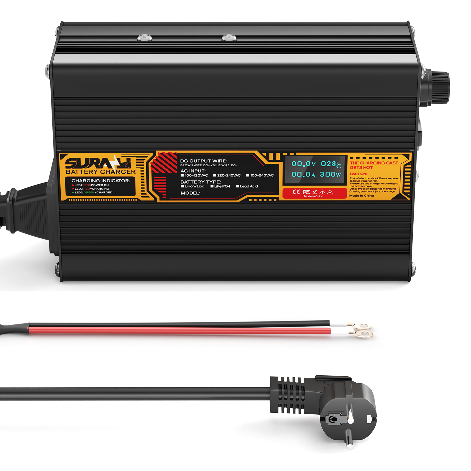 Carregador de bateria Suraziki LiFePO4 43,8 V 5 A para baterias de fosfato de ferro-lítio de 36 V/38,4 V, visor LED, proteção total