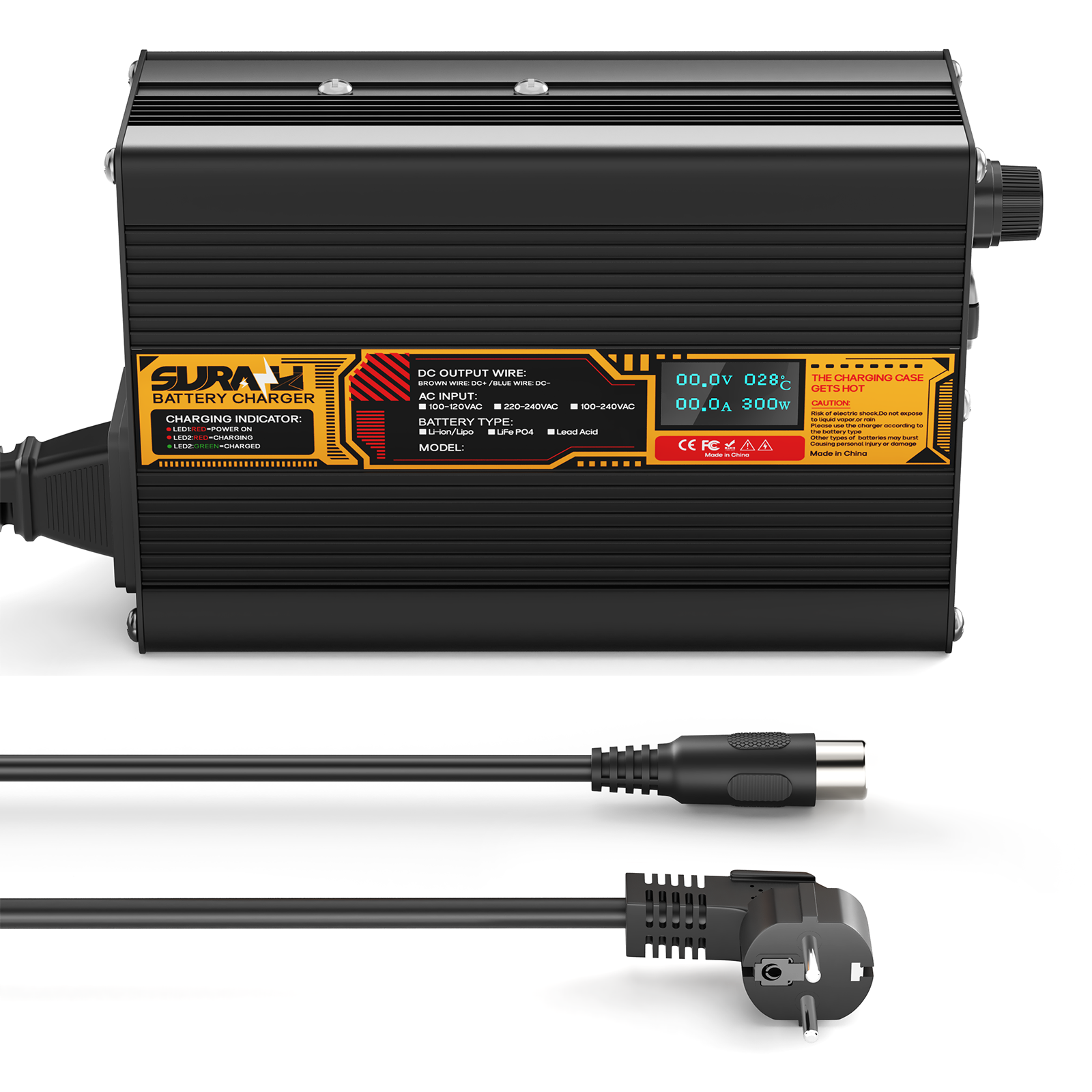 Carregador de bateria Suraziki LiFePO4 43,8 V 5 A para baterias de fosfato de ferro-lítio de 36 V/38,4 V, visor LED, proteção total
