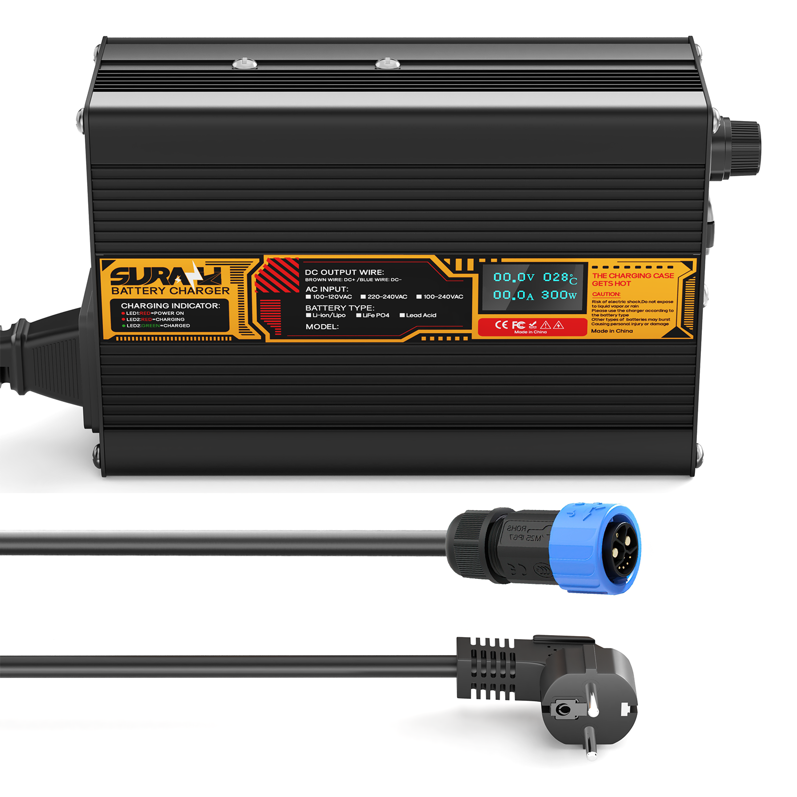 Carregador de bateria Suraziki LiFePO4 43,8 V 5 A para baterias de fosfato de ferro-lítio de 36 V/38,4 V, visor LED, proteção total