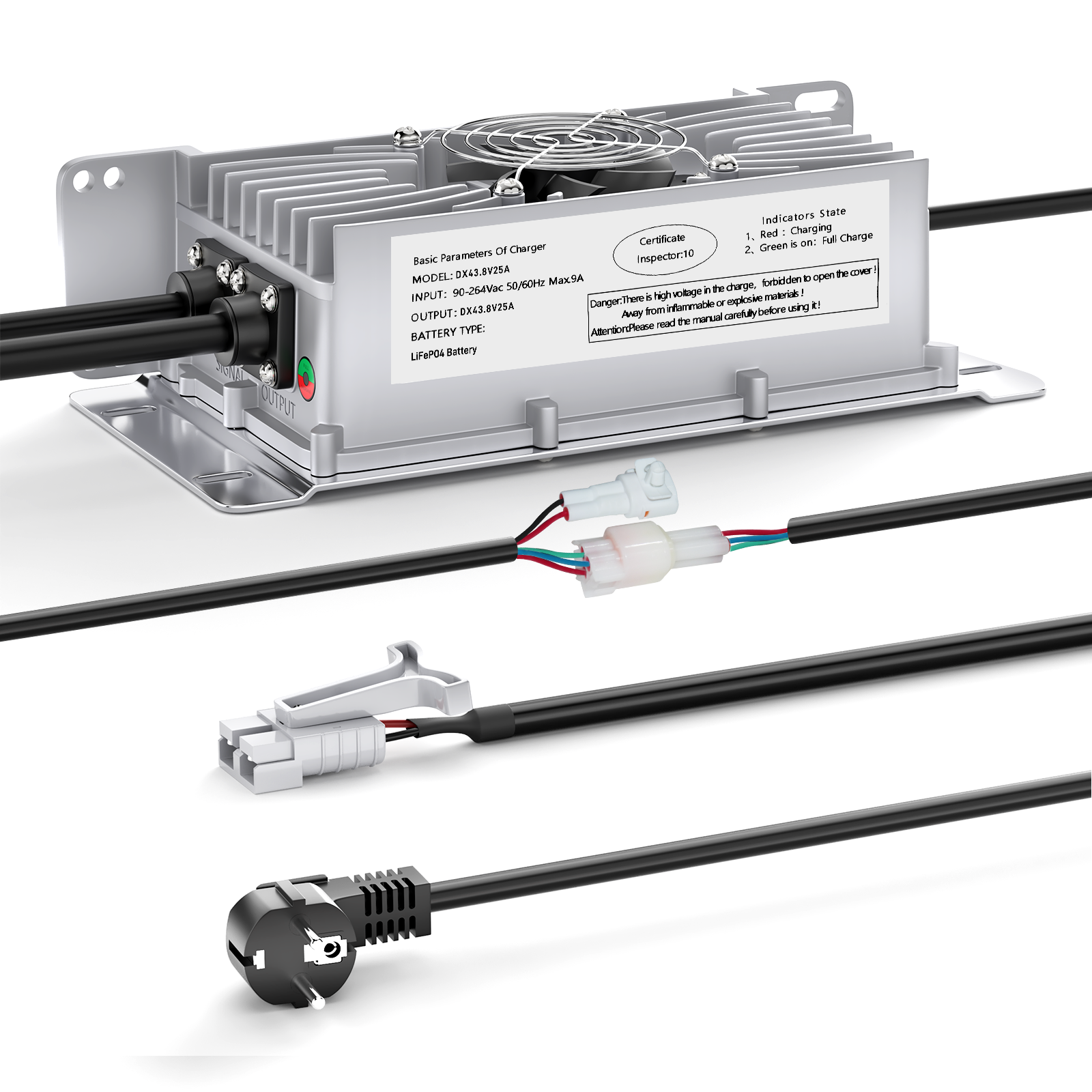 Carregador de bateria de lítio Lifepo4 Suraziki 36V 25A, tensão de carga de 43,8V para 36V (38,4V) 12S Bateria, à prova de água, ativação BMS 0V, com cabo de bloqueio para veículos elétricos, bicicletas elétricas e carrinhos de golfe