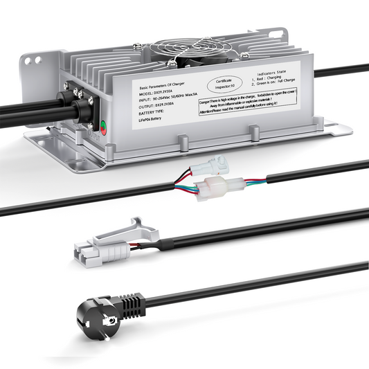 Carregador de bateria de lítio Lifepo4 Suraziki 24V 30A, tensão de carga de 29,2V para 24V (25,6V) 8S Bateria, à prova de água, ativação BMS 0V, com cabo de bloqueio para veículos elétricos, bicicletas elétricas e carrinhos de golfe