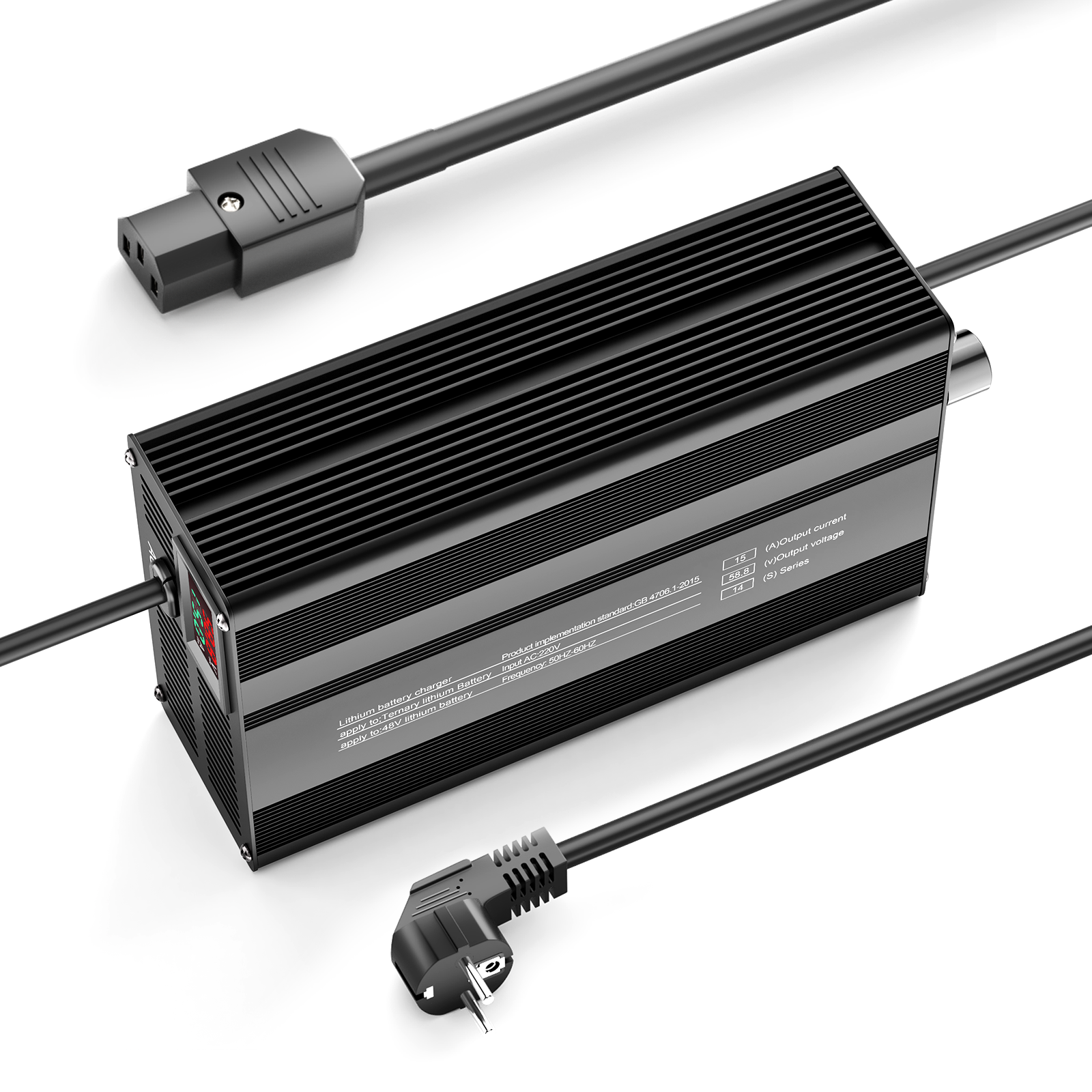 Carregador de bateria de lítio ajustável Suraziki 58,8 V 1-15 A para 14S Baterias de iões de lítio/lítio ternárias/polímero de 51,8 V, carregador de baterias para scooter elétrica