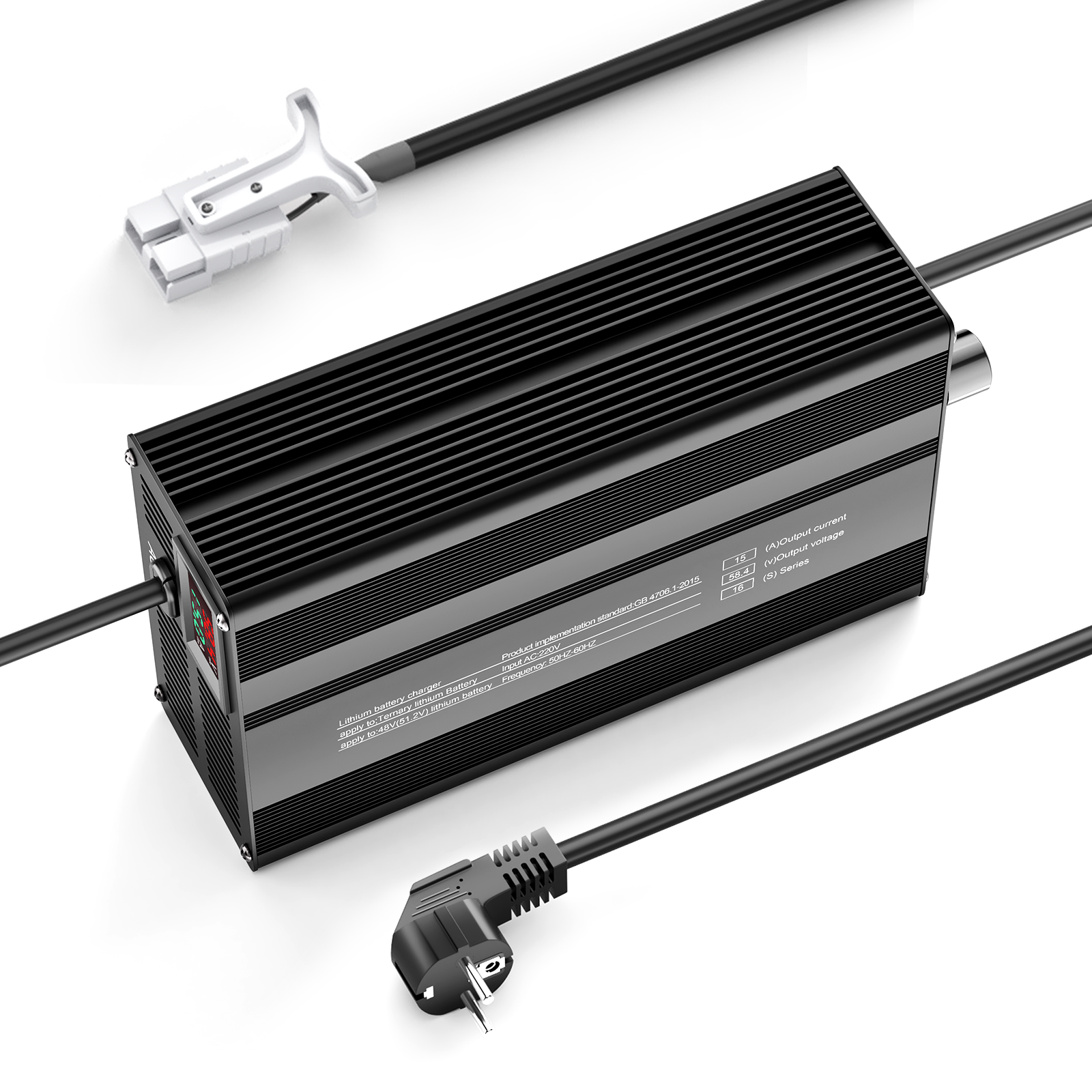 Suraziki 58,4 V 1-15 A Einstellbarer Strom Lithium LiFePO4 Batterieladegerät für 16S 51,2 V (48 V) LiFePO4-Batterie, Kühllüfter, Gehäuse aus Aluminiumlegierung, LCD-Display