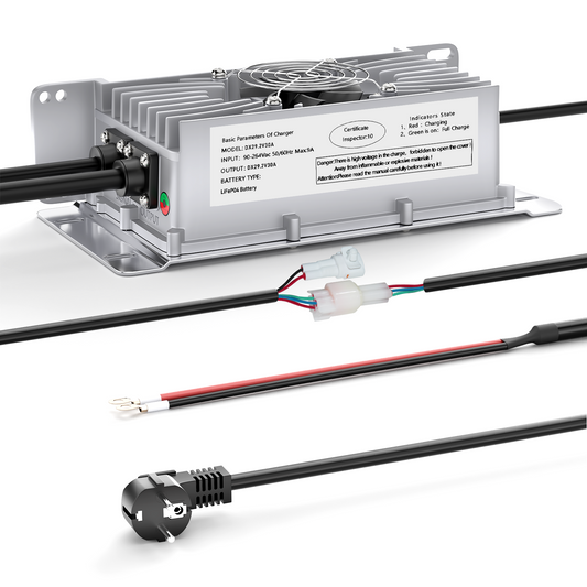 Carregador de bateria de lítio Lifepo4 Suraziki 24V 30A, tensão de carga de 29,2V para 24V (25,6V) 8S Bateria, à prova de água, ativação BMS 0V, com cabo de bloqueio para veículos elétricos, bicicletas elétricas e carrinhos de golfe