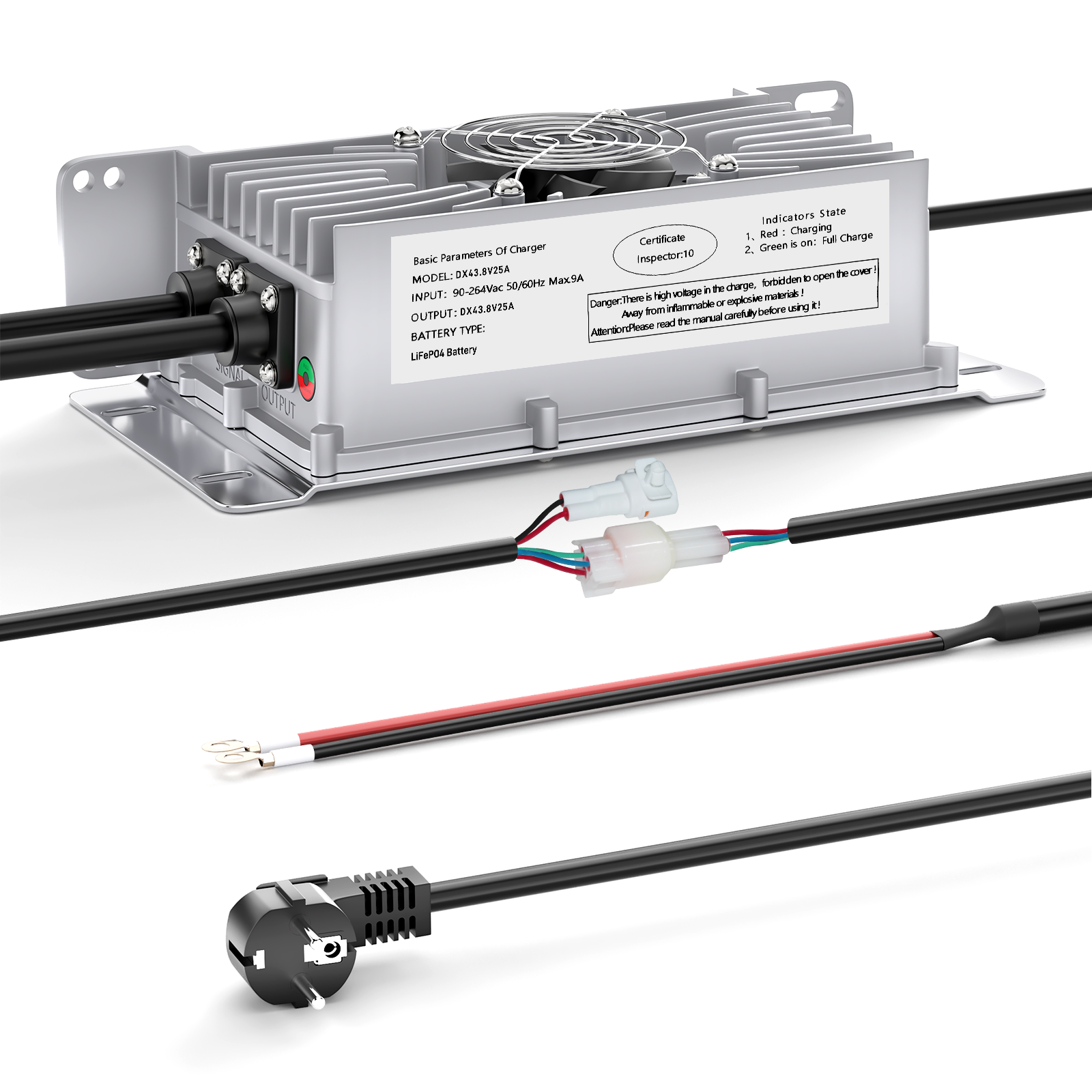 Carregador de bateria de lítio Lifepo4 Suraziki 36V 25A, tensão de carga de 43,8V para 36V (38,4V) 12S Bateria, à prova de água, ativação BMS 0V, com cabo de bloqueio para veículos elétricos, bicicletas elétricas e carrinhos de golfe