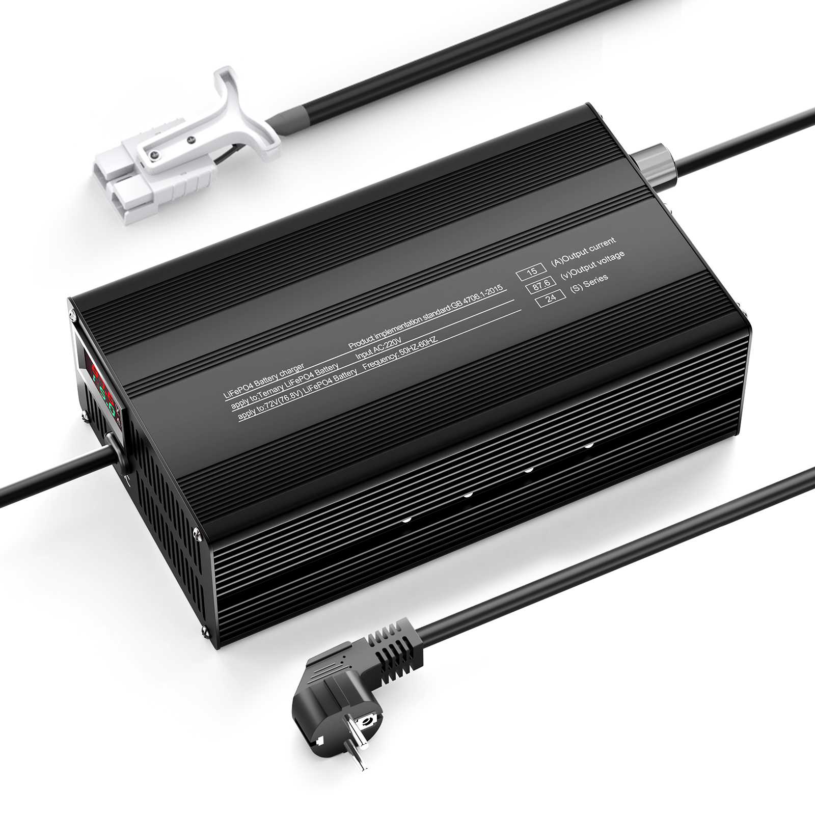Suraziki 87,6 V 1-15 A Einstellbarer Strom Lithium LiFePO4 Batterieladegerät für 24S 76,8 V (72 V) LiFePO4-Batterie, Kühllüfter, Gehäuse aus Aluminiumlegierung, LCD-Display