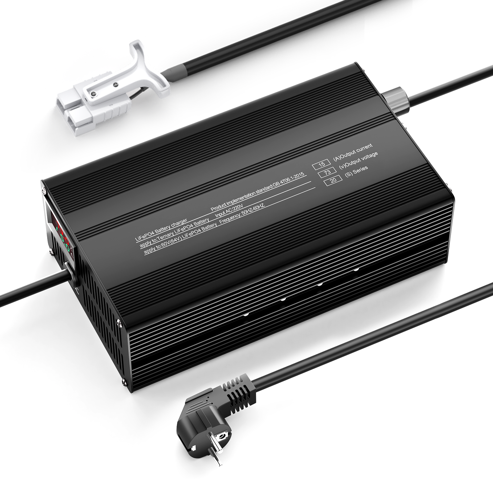 Carregador de bateria de lítio LiFePO4 Suraziki 73V 1-15A com corrente ajustável para 20S Bateria LiFePO4 de 64 V (60 V), ventoinha de refrigeração, caixa em liga de alumínio, visor LCD