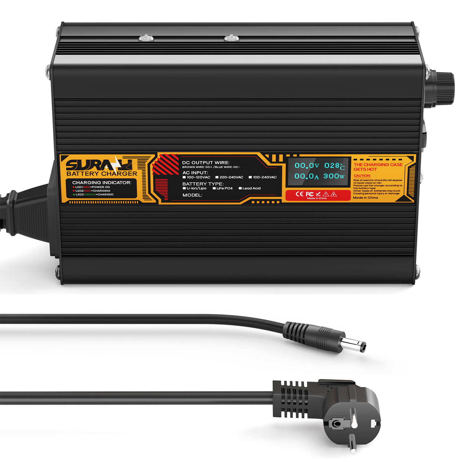 Carregador de bateria Suraziki LiFePO4 43,8 V 5 A para baterias de fosfato de ferro-lítio de 36 V/38,4 V, visor LED, proteção total