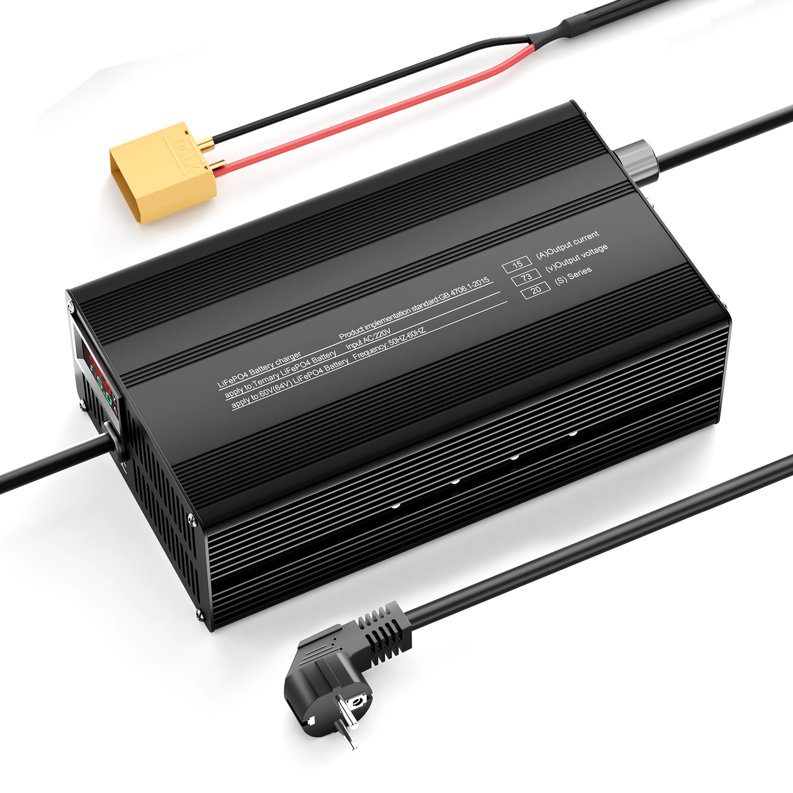 Carregador de bateria de lítio LiFePO4 Suraziki 73V 1-15A com corrente ajustável para 20S Bateria LiFePO4 de 64 V (60 V), ventoinha de refrigeração, caixa em liga de alumínio, visor LCD