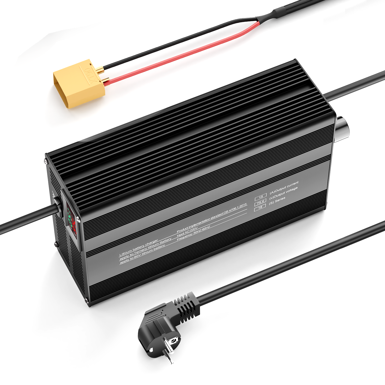 Carregador de bateria de lítio ajustável Suraziki 75,6 V 1-15 A para 18S Baterias de iões de lítio/lítio ternárias/polímero de 66,6 V, carregador de bateria para scooter elétrica
