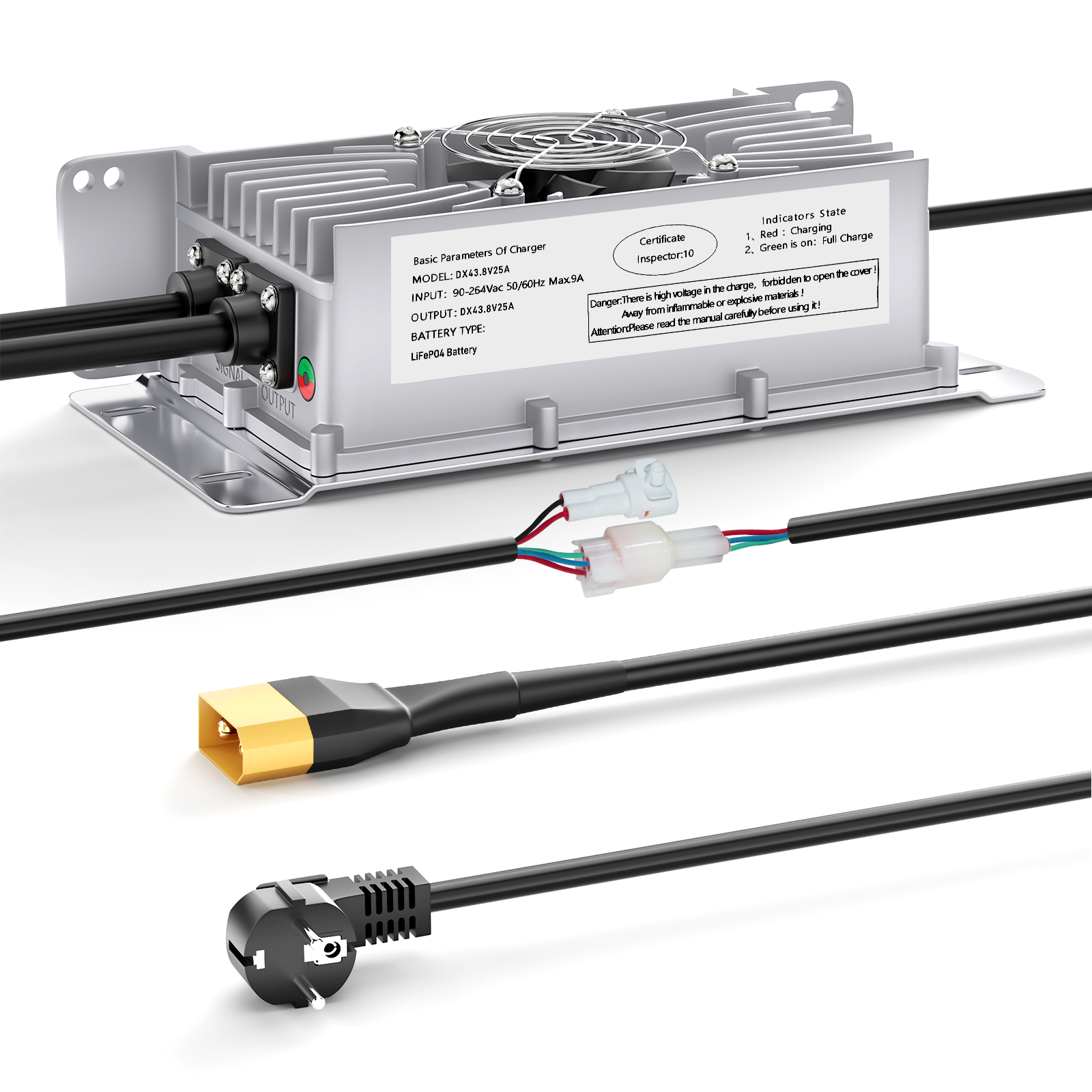 Carregador de bateria de lítio Lifepo4 Suraziki 36V 25A, tensão de carga de 43,8V para 36V (38,4V) 12S Bateria, à prova de água, ativação BMS 0V, com cabo de bloqueio para veículos elétricos, bicicletas elétricas e carrinhos de golfe