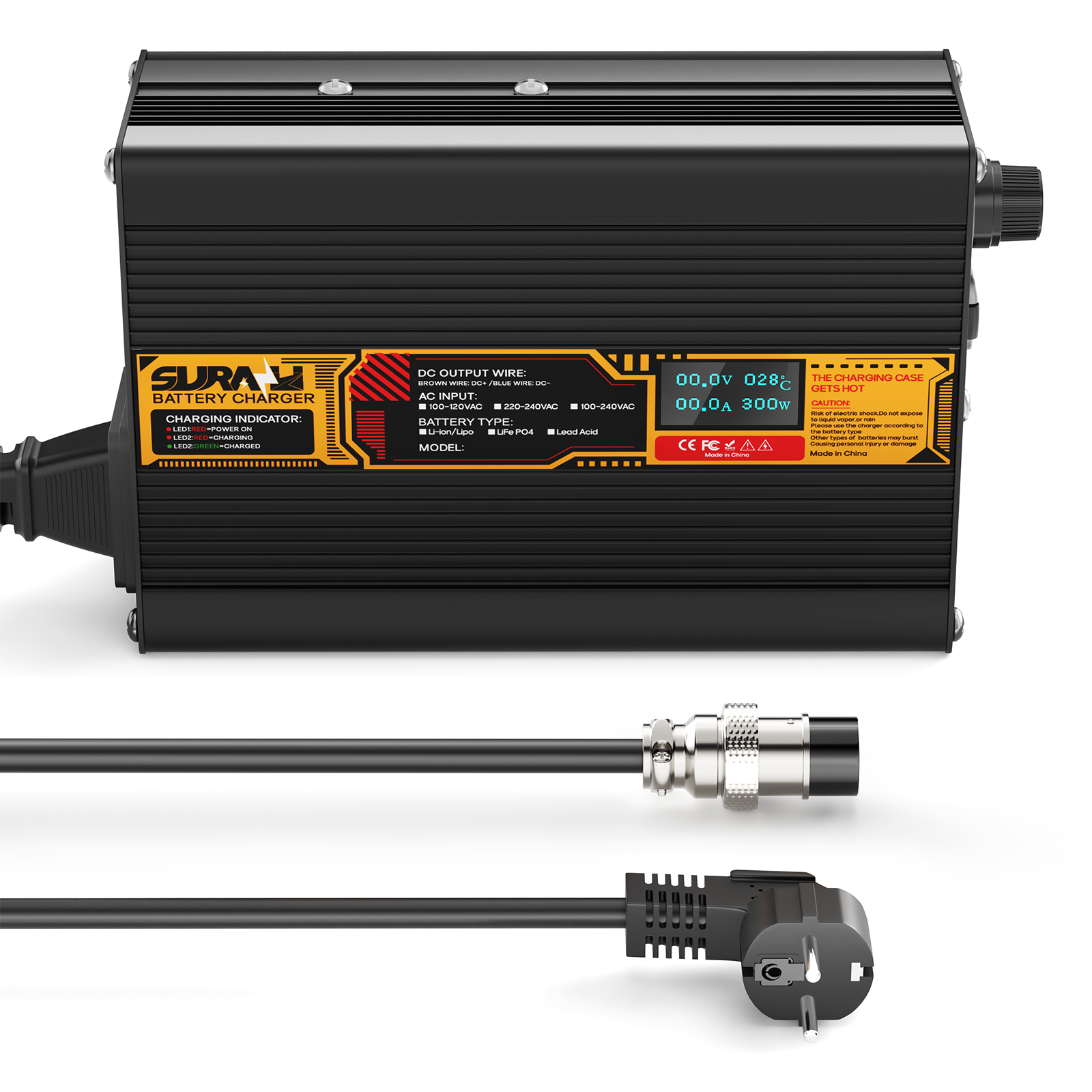 Carregador de bateria Suraziki LiFePO4 43,8 V 5 A para baterias de fosfato de ferro-lítio de 36 V/38,4 V, visor LED, proteção total