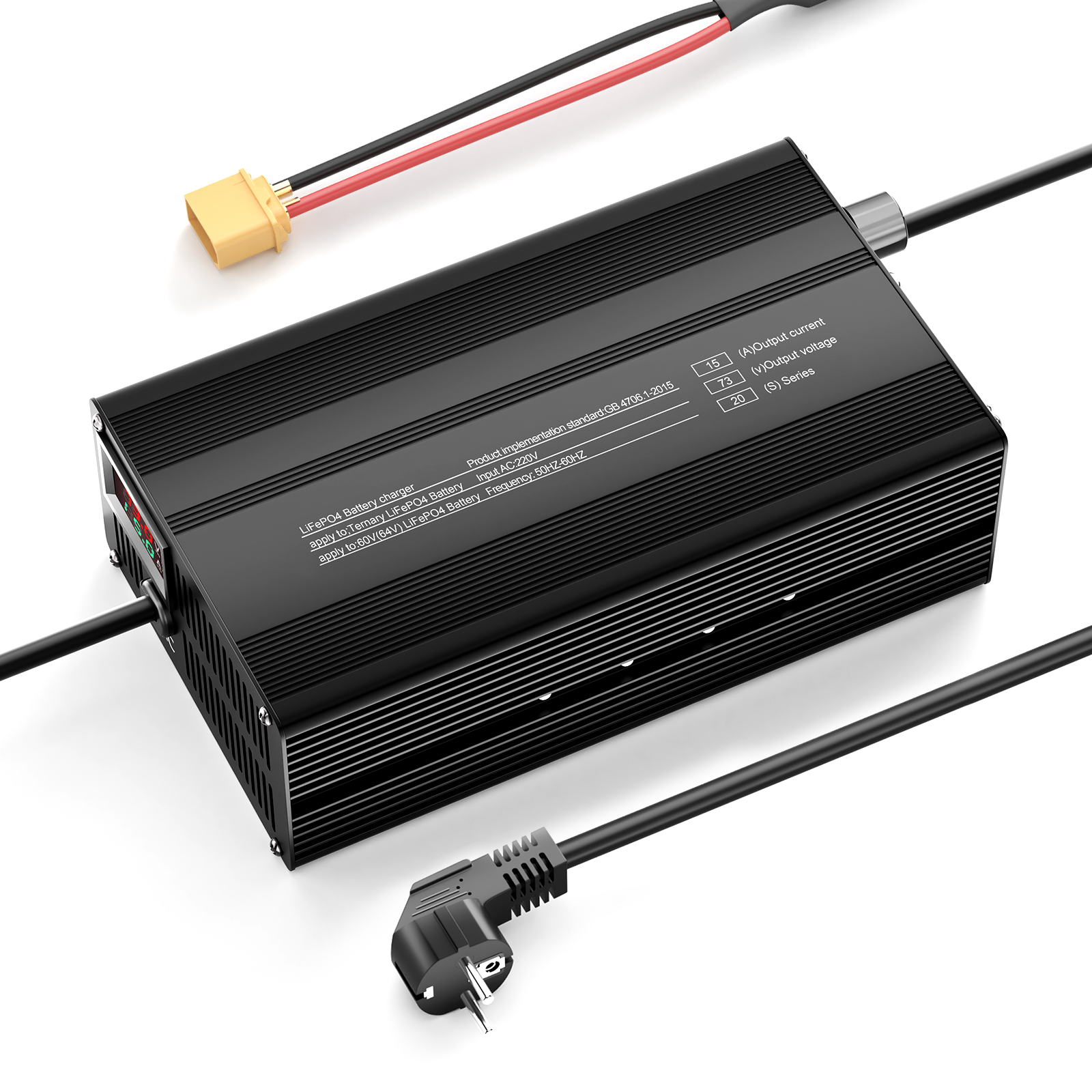 Carregador de bateria de lítio LiFePO4 Suraziki 73V 1-15A com corrente ajustável para 20S Bateria LiFePO4 de 64 V (60 V), ventoinha de refrigeração, caixa em liga de alumínio, visor LCD