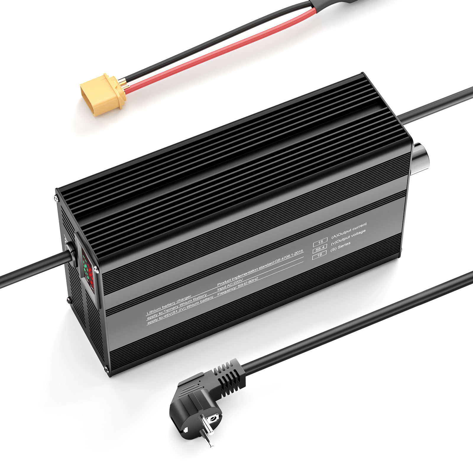 Suraziki 58,4 V 1-15 A Einstellbarer Strom Lithium LiFePO4 Batterieladegerät für 16S 51,2 V (48 V) LiFePO4-Batterie, Kühllüfter, Gehäuse aus Aluminiumlegierung, LCD-Display