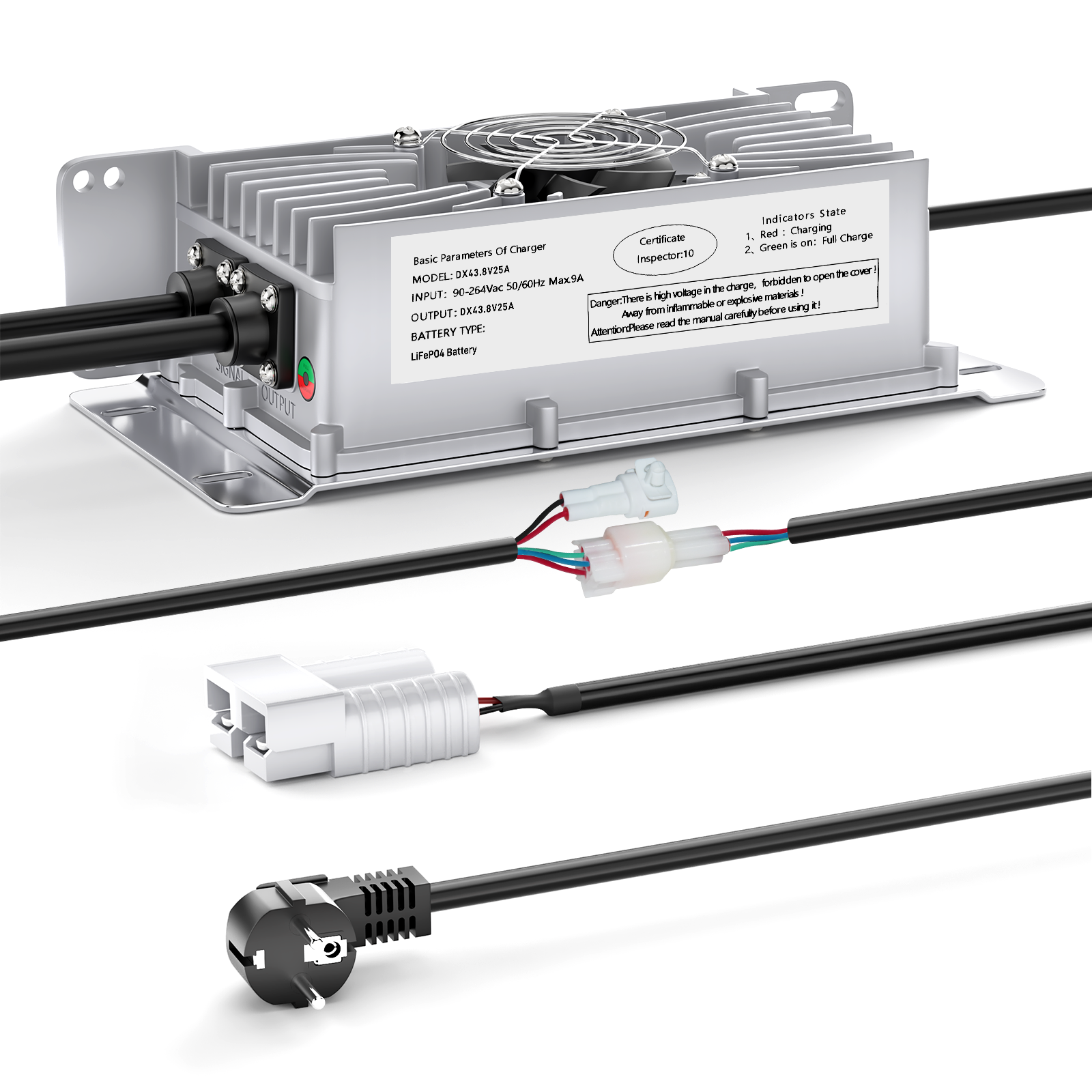 Carregador de bateria de lítio Lifepo4 Suraziki 36V 25A, tensão de carga de 43,8V para 36V (38,4V) 12S Bateria, à prova de água, ativação BMS 0V, com cabo de bloqueio para veículos elétricos, bicicletas elétricas e carrinhos de golfe