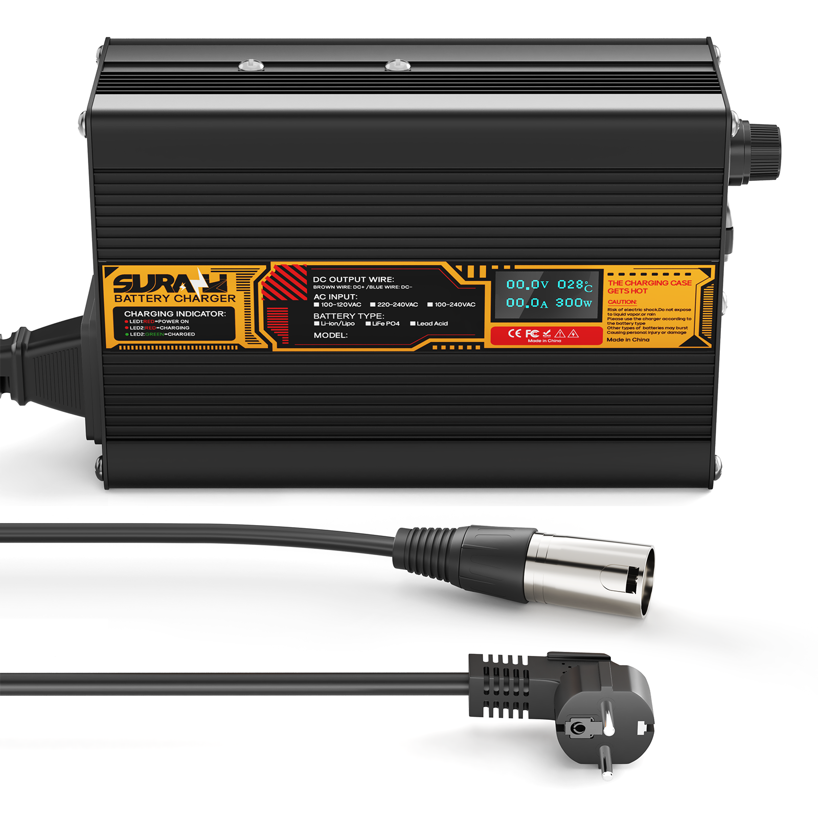 Carregador de bateria Suraziki LiFePO4 43,8 V 5 A para baterias de fosfato de ferro-lítio de 36 V/38,4 V, visor LED, proteção total
