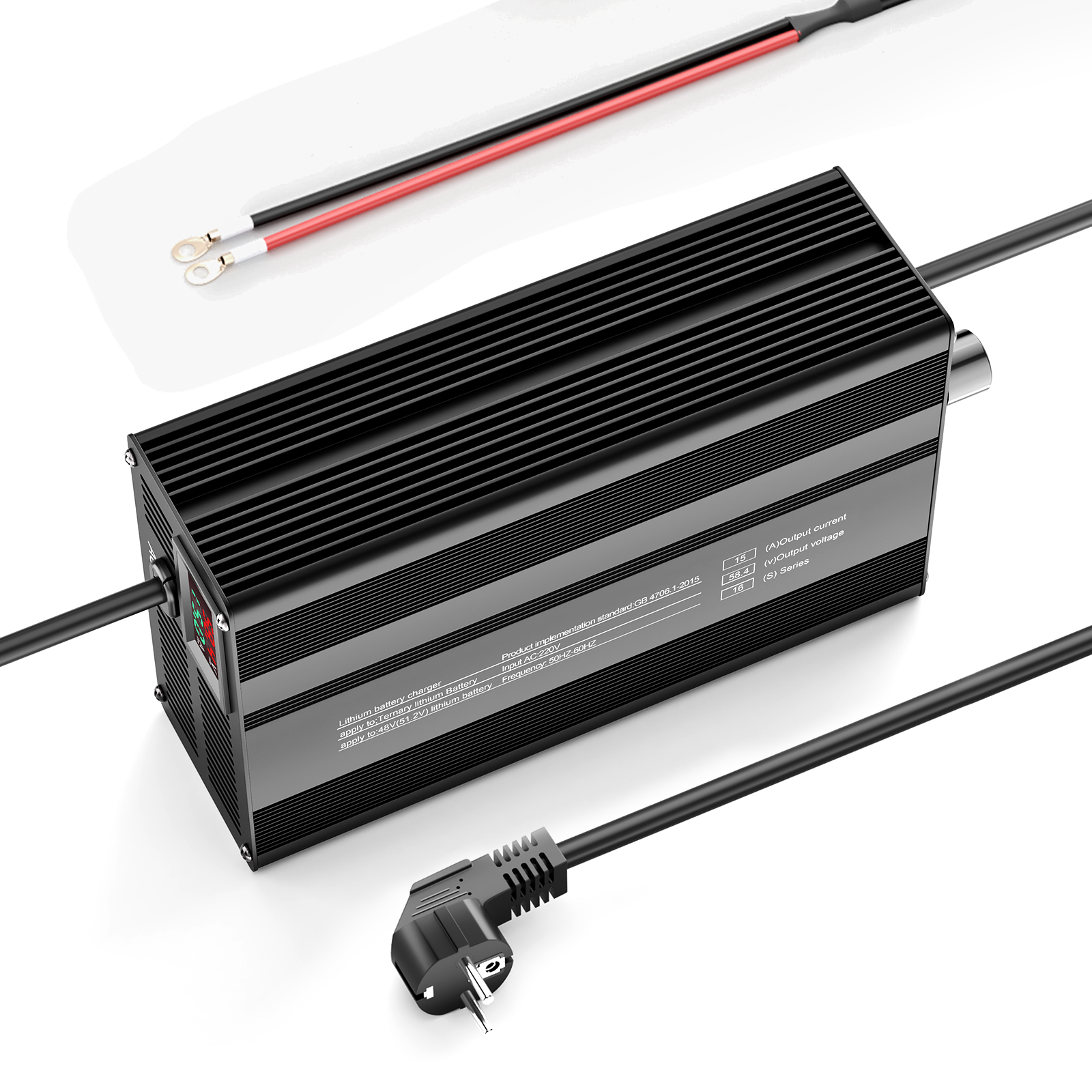 Suraziki 58,4 V 1-15 A Einstellbarer Strom Lithium LiFePO4 Batterieladegerät für 16S 51,2 V (48 V) LiFePO4-Batterie, Kühllüfter, Gehäuse aus Aluminiumlegierung, LCD-Display
