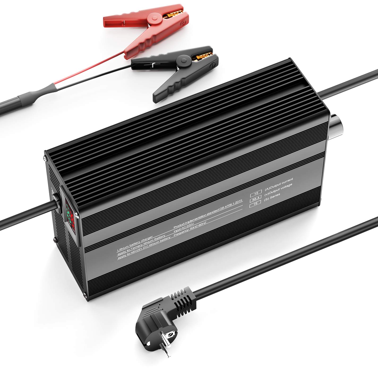 Suraziki 58,4 V 1-15 A Einstellbarer Strom Lithium LiFePO4 Batterieladegerät für 16S 51,2 V (48 V) LiFePO4-Batterie, Kühllüfter, Gehäuse aus Aluminiumlegierung, LCD-Display