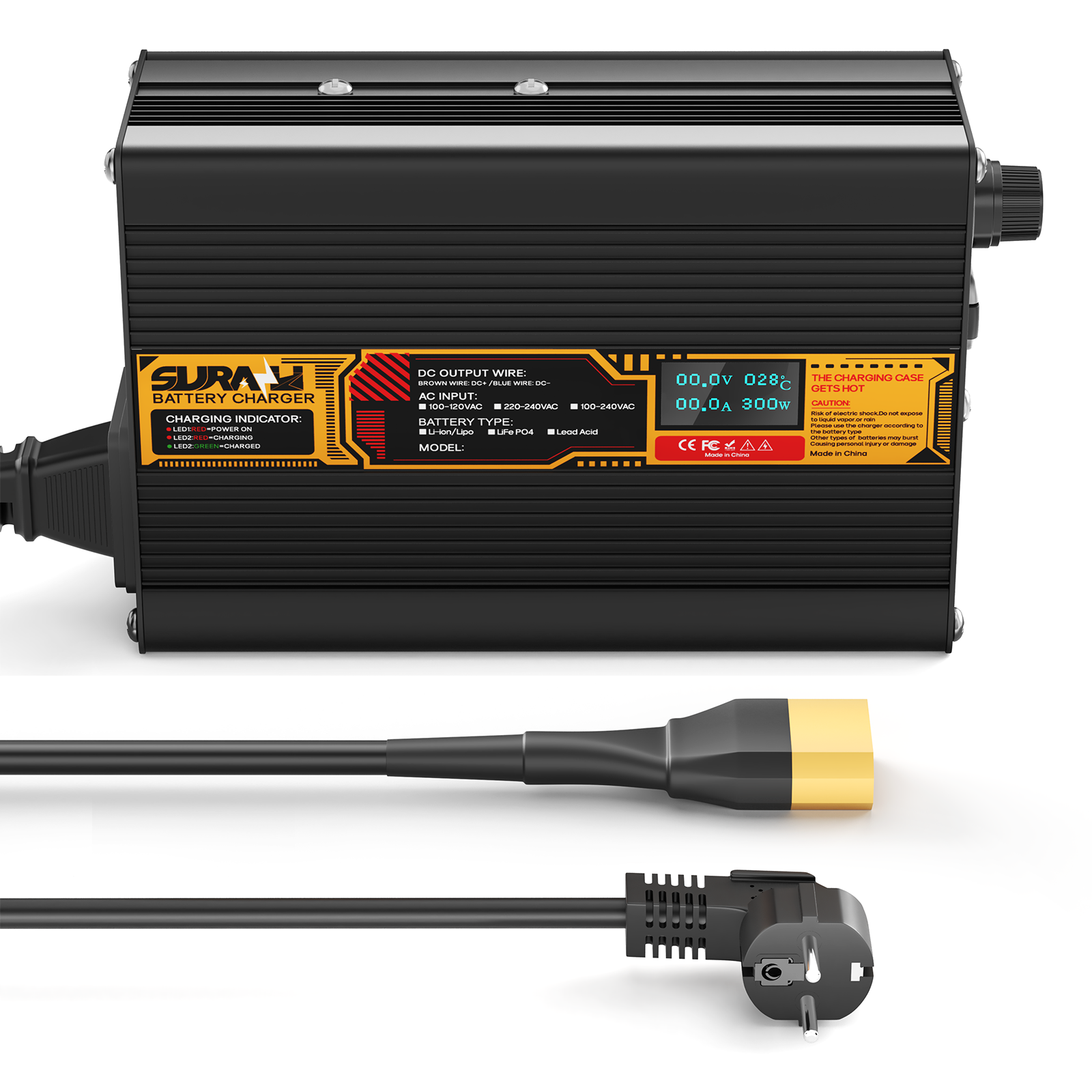 Carregador de bateria Suraziki LiFePO4 43,8 V 5 A para baterias de fosfato de ferro-lítio de 36 V/38,4 V, visor LED, proteção total