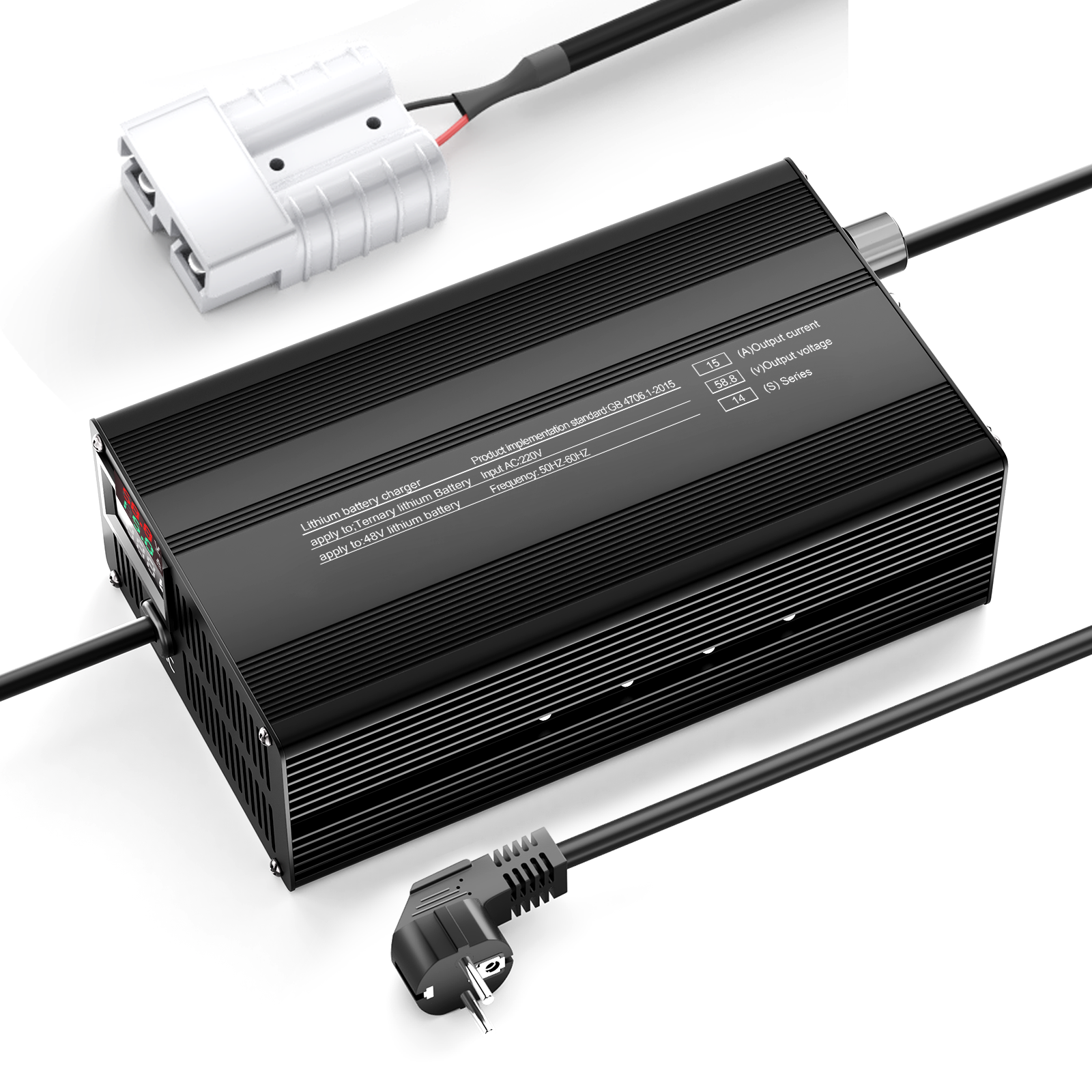 Carregador de bateria de lítio ajustável Suraziki 58,8 V 1-15 A para 14S Baterias de iões de lítio/lítio ternárias/polímero de 51,8 V, carregador de baterias para scooter elétrica