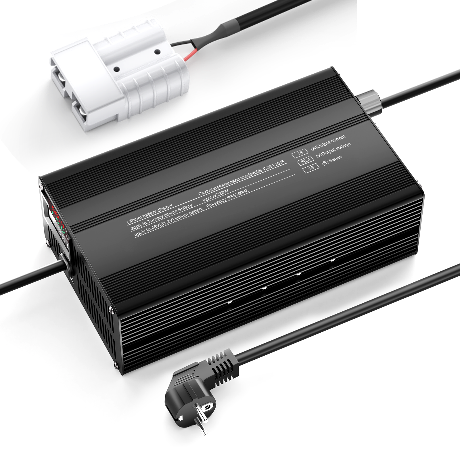 Suraziki 58,4 V 1-15 A Einstellbarer Strom Lithium LiFePO4 Batterieladegerät für 16S 51,2 V (48 V) LiFePO4-Batterie, Kühllüfter, Gehäuse aus Aluminiumlegierung, LCD-Display
