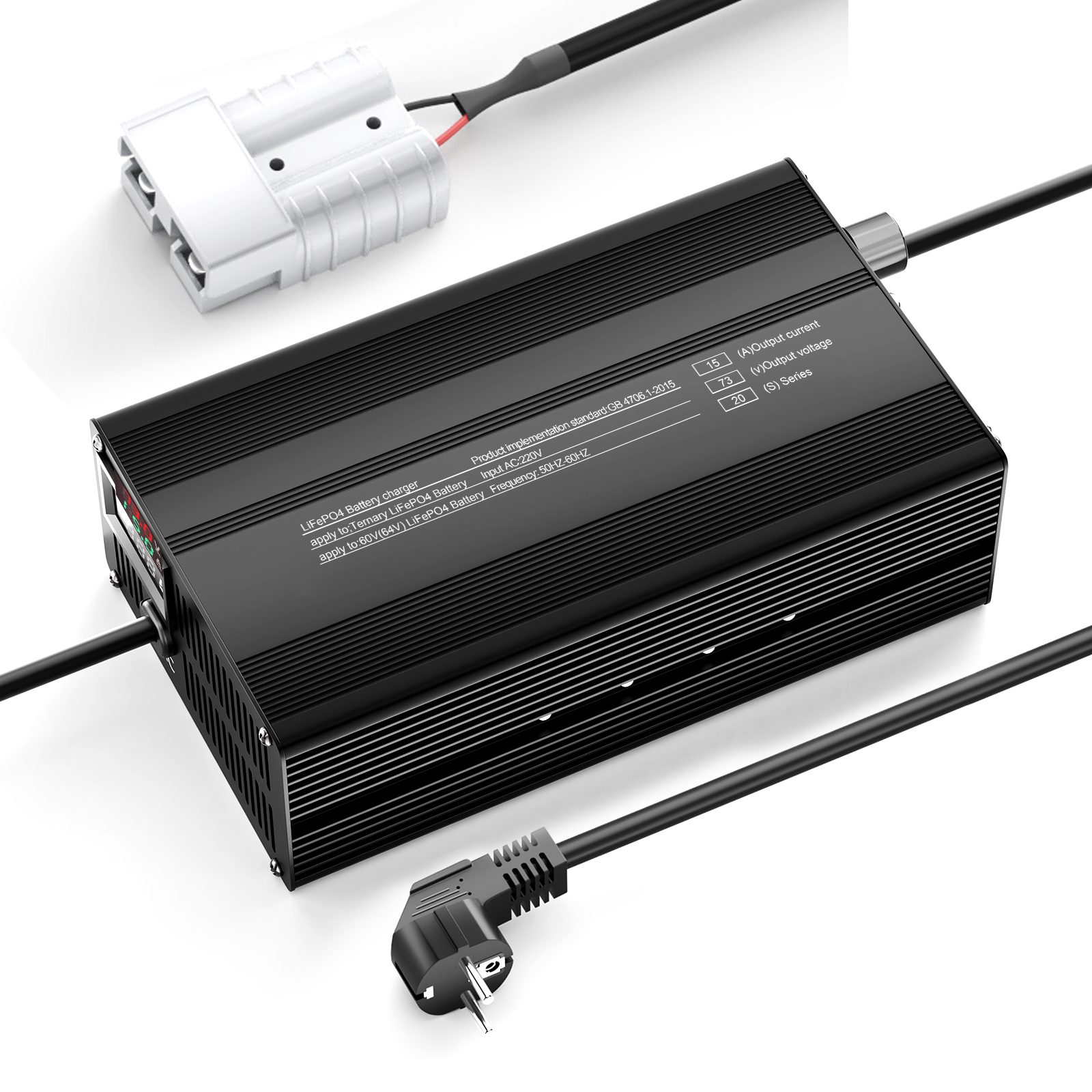 Carregador de bateria de lítio LiFePO4 Suraziki 73V 1-15A com corrente ajustável para 20S Bateria LiFePO4 de 64 V (60 V), ventoinha de refrigeração, caixa em liga de alumínio, visor LCD