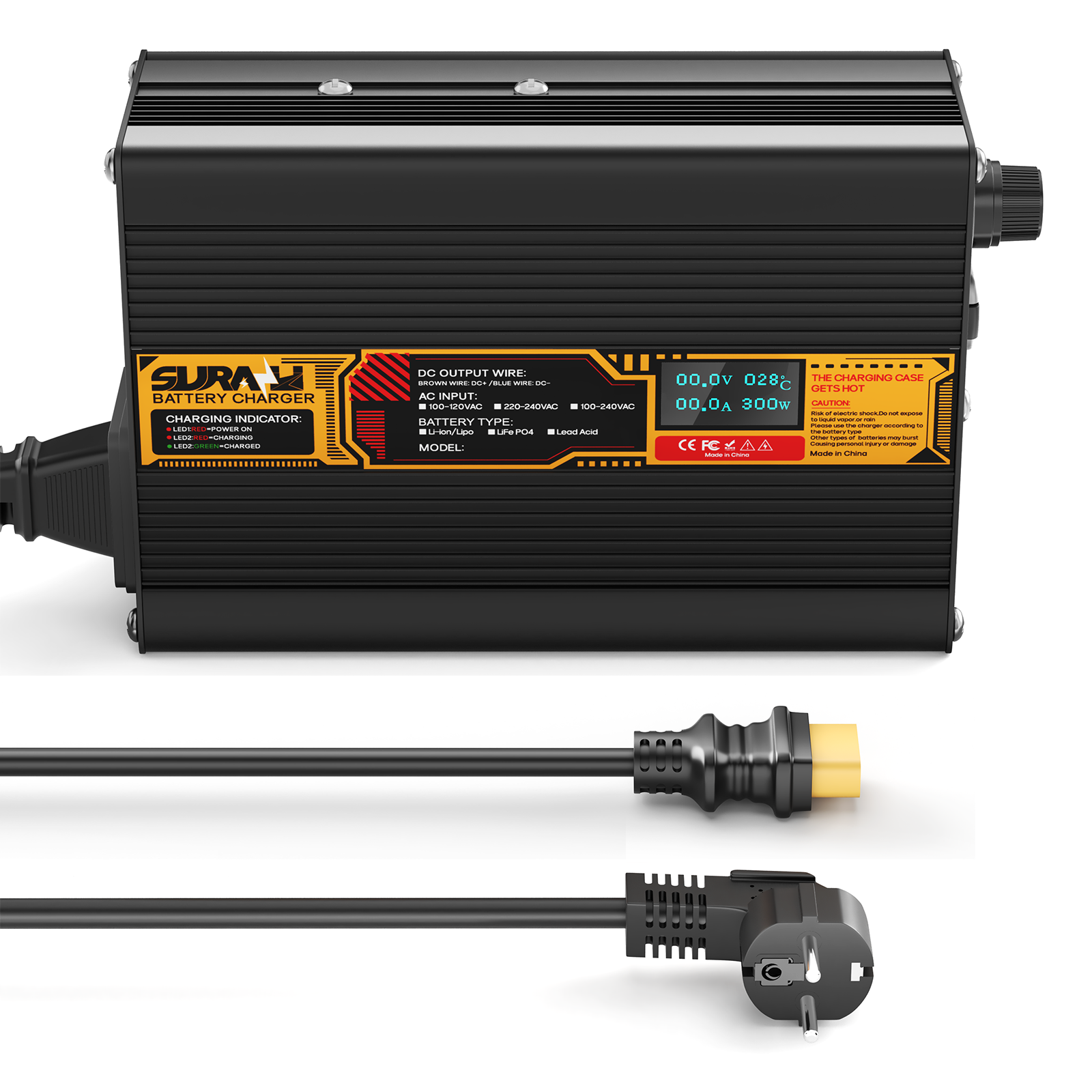 Carregador de bateria Suraziki LiFePO4 43,8 V 5 A para baterias de fosfato de ferro-lítio de 36 V/38,4 V, visor LED, proteção total