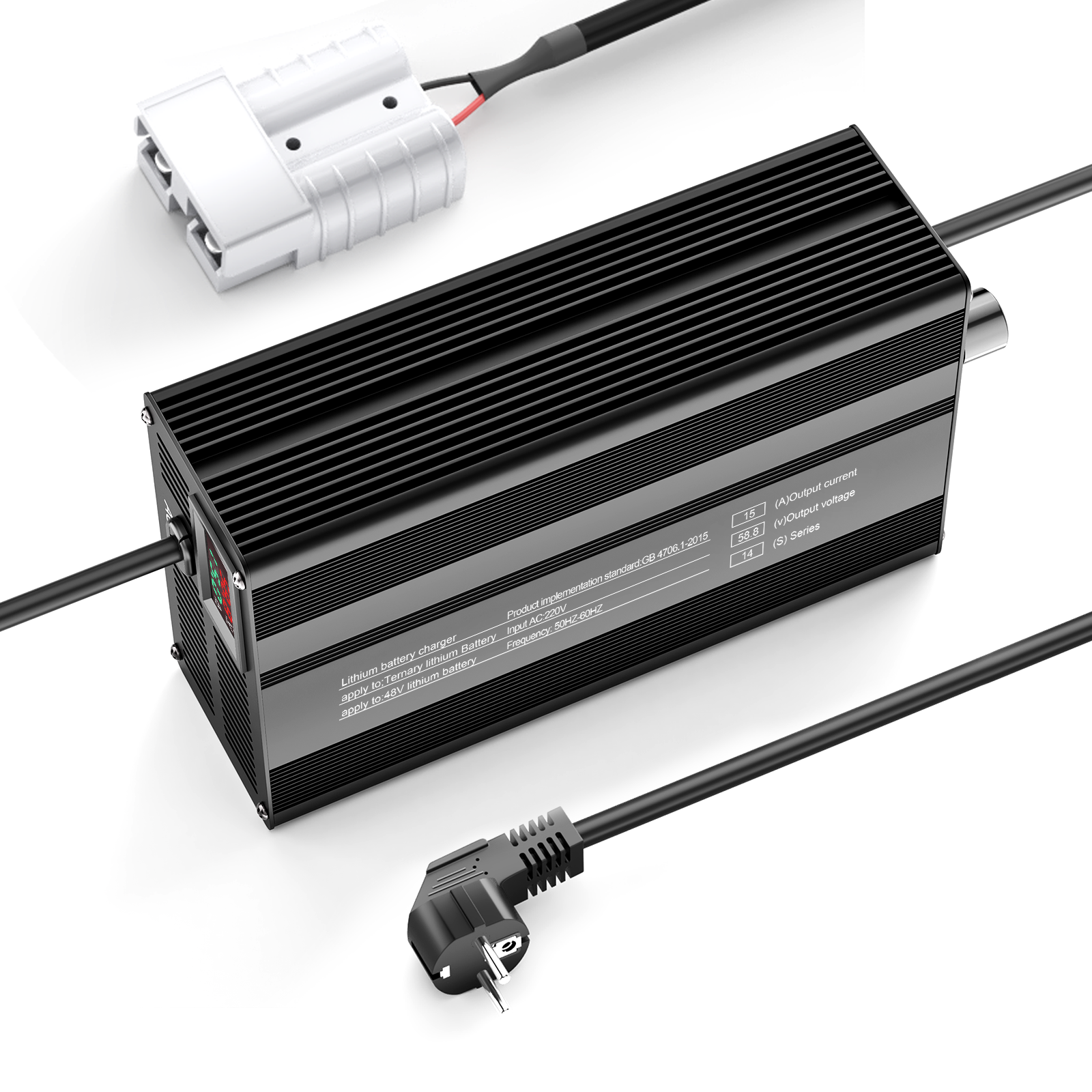 Carregador de bateria de lítio ajustável Suraziki 58,8 V 1-15 A para 14S Baterias de iões de lítio/lítio ternárias/polímero de 51,8 V, carregador de baterias para scooter elétrica