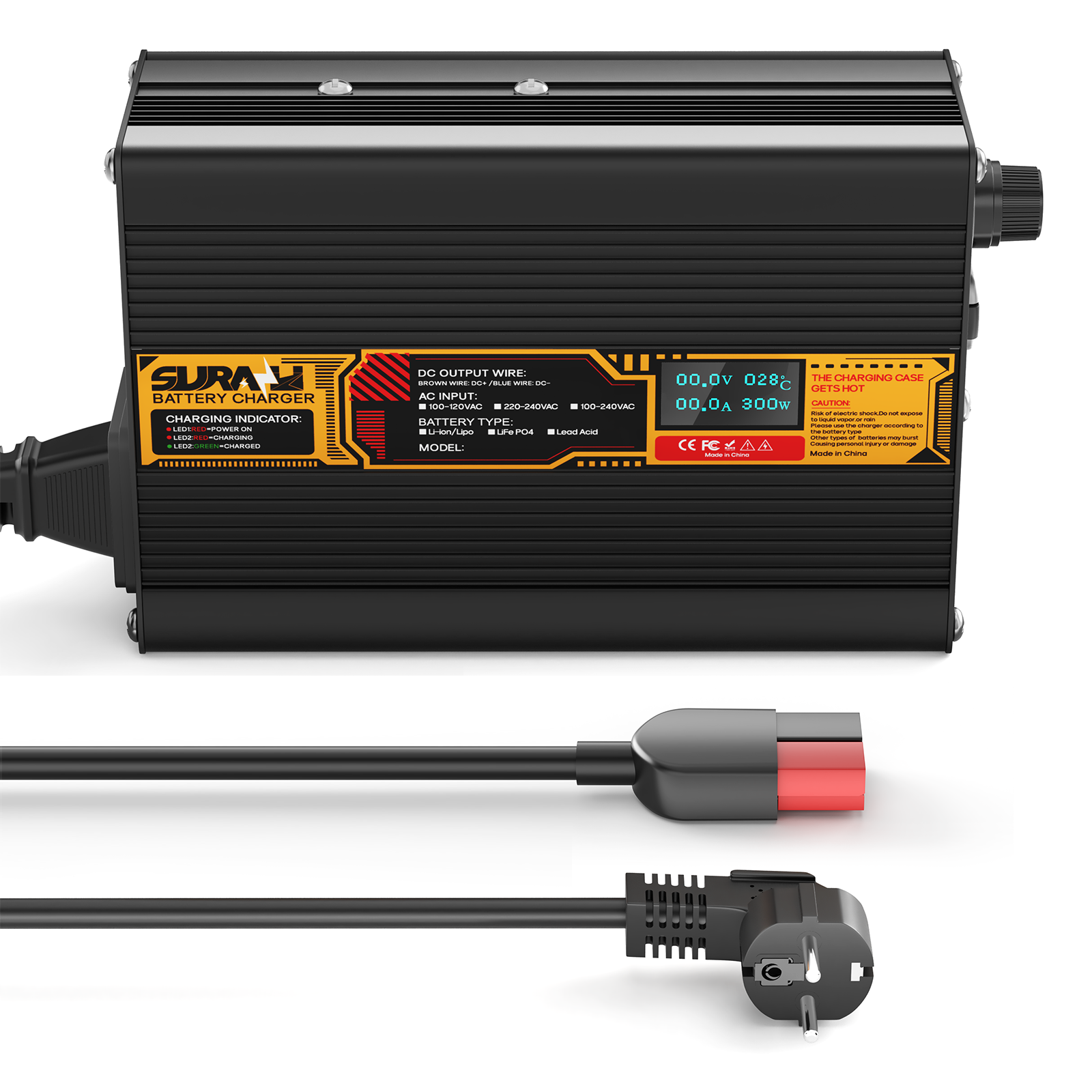 Carregador de bateria Suraziki LiFePO4 43,8 V 5 A para baterias de fosfato de ferro-lítio de 36 V/38,4 V, visor LED, proteção total