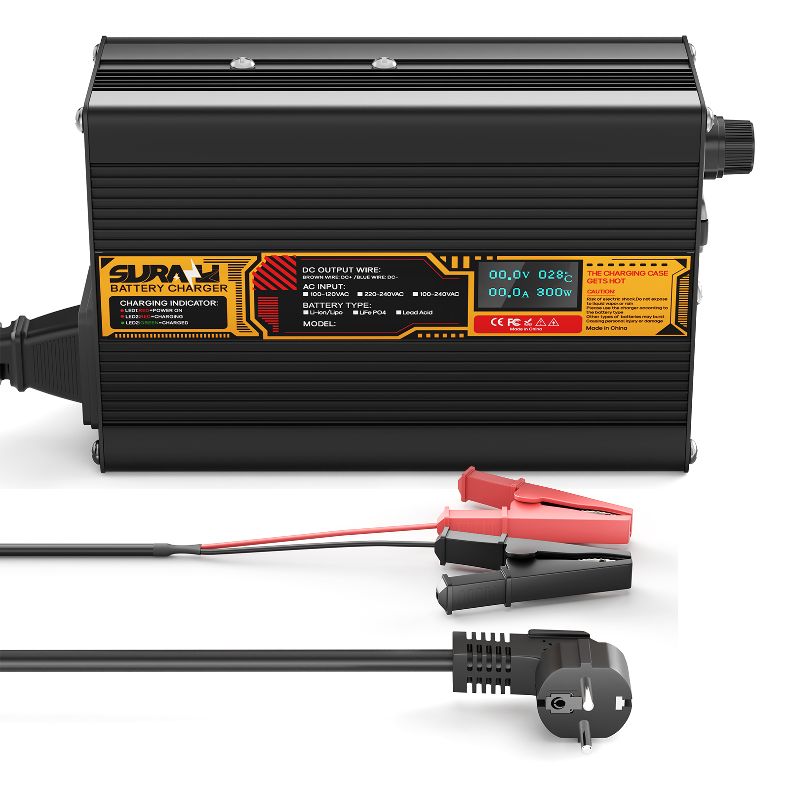 Carregador de bateria Suraziki LiFePO4 43,8 V 5 A para baterias de fosfato de ferro-lítio de 36 V/38,4 V, visor LED, proteção total