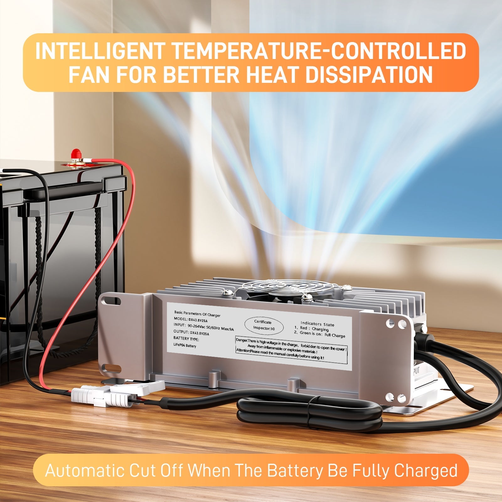 Carregador de bateria de lítio Lifepo4 Suraziki 36V 25A, tensão de carga de 43,8V para 36V (38,4V) 12S Bateria, à prova de água, ativação BMS 0V, com cabo de bloqueio para veículos elétricos, bicicletas elétricas e carrinhos de golfe