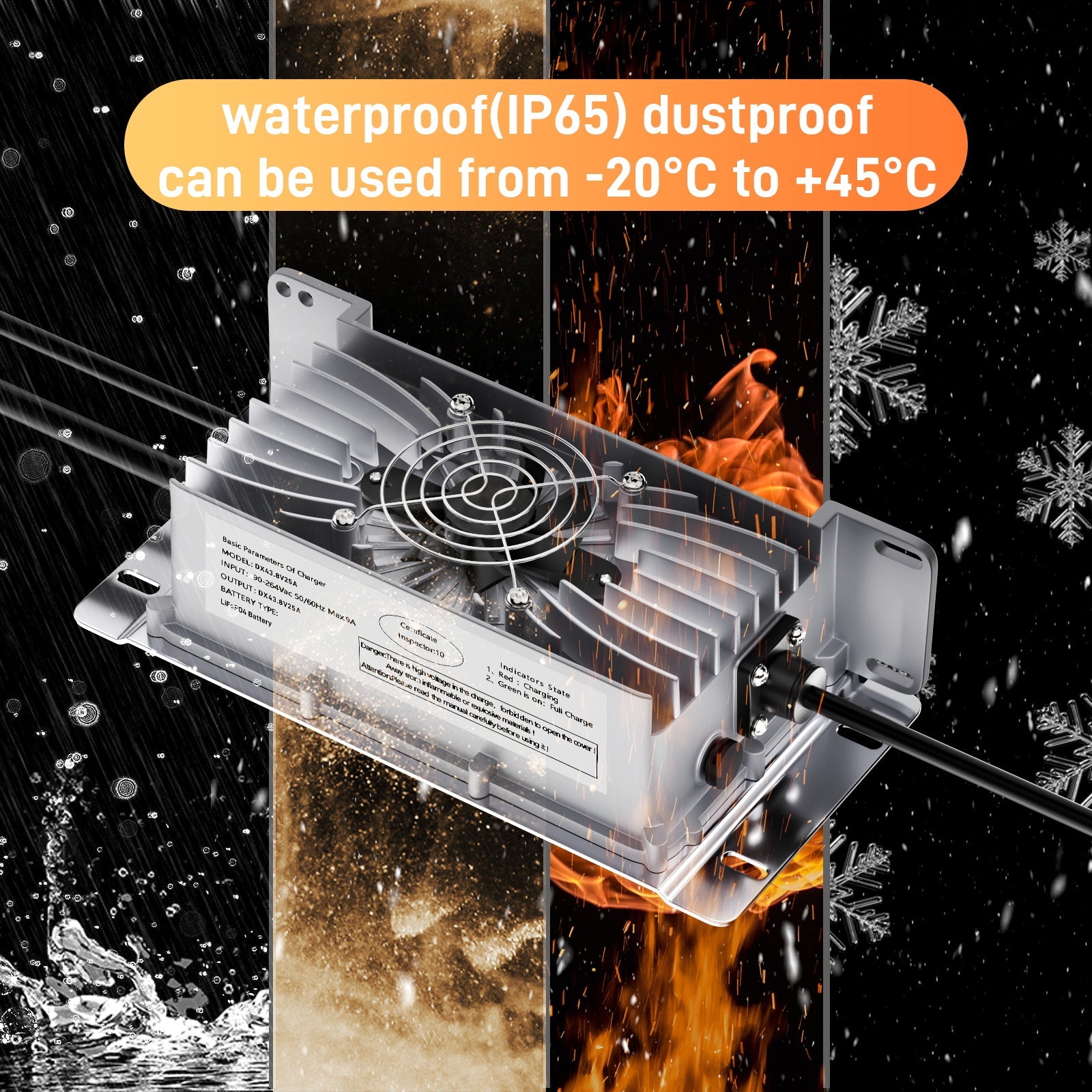 Carregador de bateria de lítio Lifepo4 Suraziki 36V 25A, tensão de carga de 43,8V para 36V (38,4V) 12S Bateria, à prova de água, ativação BMS 0V, com cabo de bloqueio para veículos elétricos, bicicletas elétricas e carrinhos de golfe