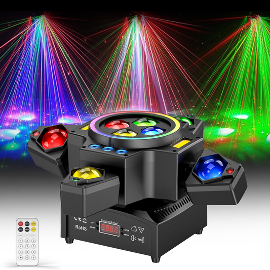 Foco de palco 4 em 1 RGBW de 120 W com cabeça móvel, efeito de feixe de luz, laser e holofote para festas, com comando, ideal para discotecas, DJs, bares e festas de aniversário.