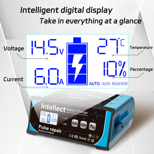 Smart 400W Pulsed Battery Charger for 12V/24V Vehicles - Overcharge, Short Circuit & Overheating Protection