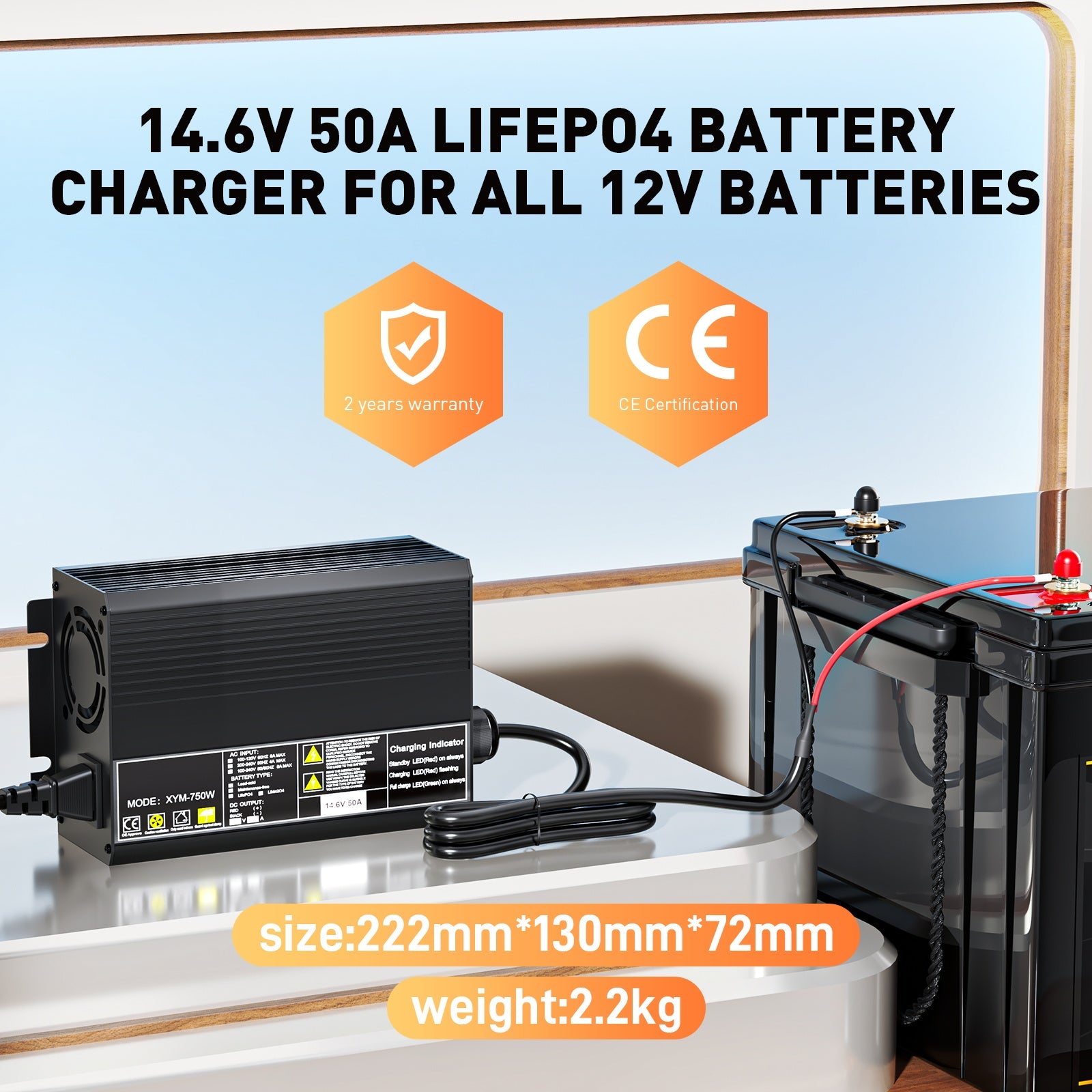 Carregador rápido de bateria de lítio LiFePO4 12V 50A, tensão de carga 14,6V, BMS 0V ativado, desligamento automático, carregador de bateria solar para barco RV