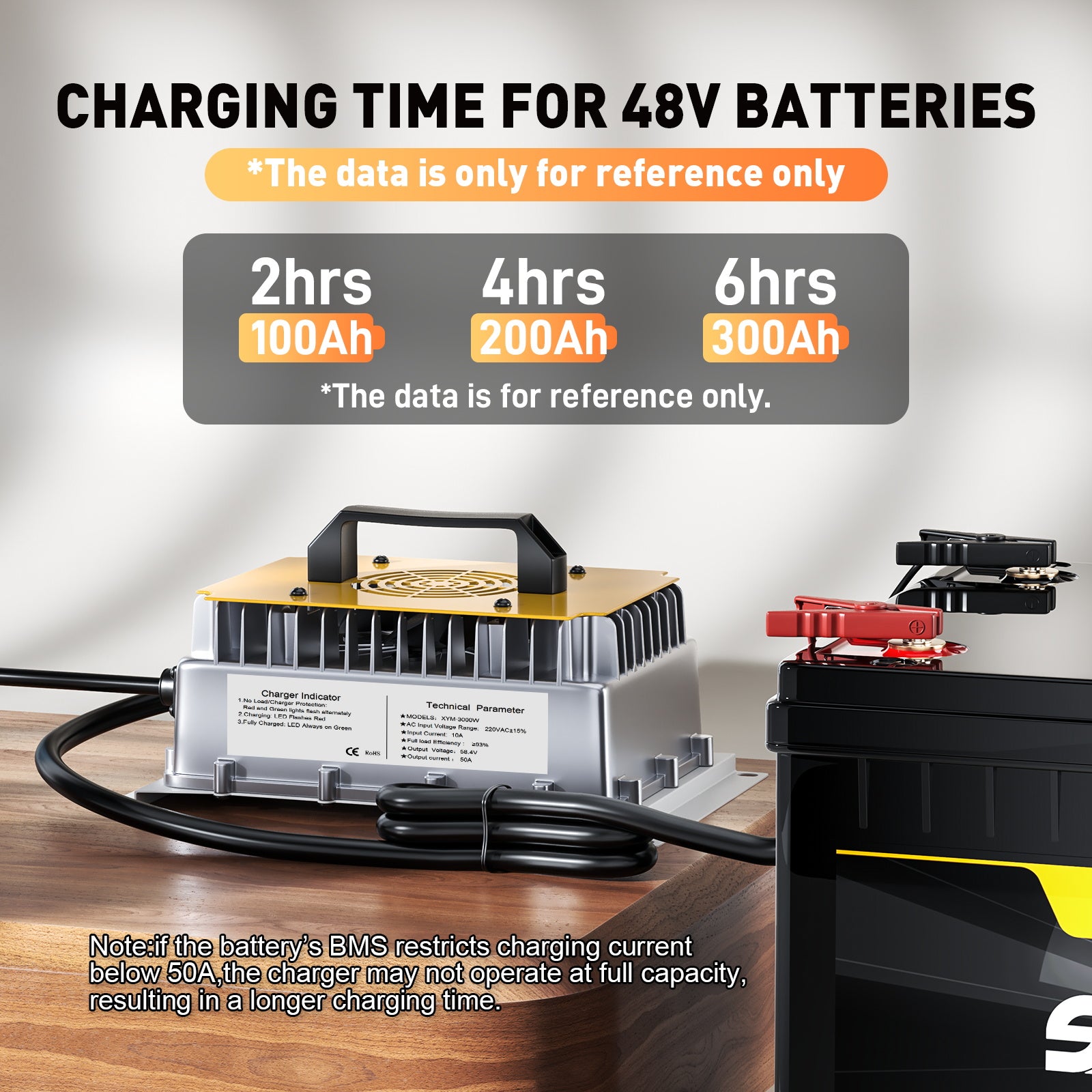 High-Power 58.4V 50A LiFePO4 Charger | Fast Charging for 51.2V 16S Lithium Batteries with 0V Activation & Safety Protection